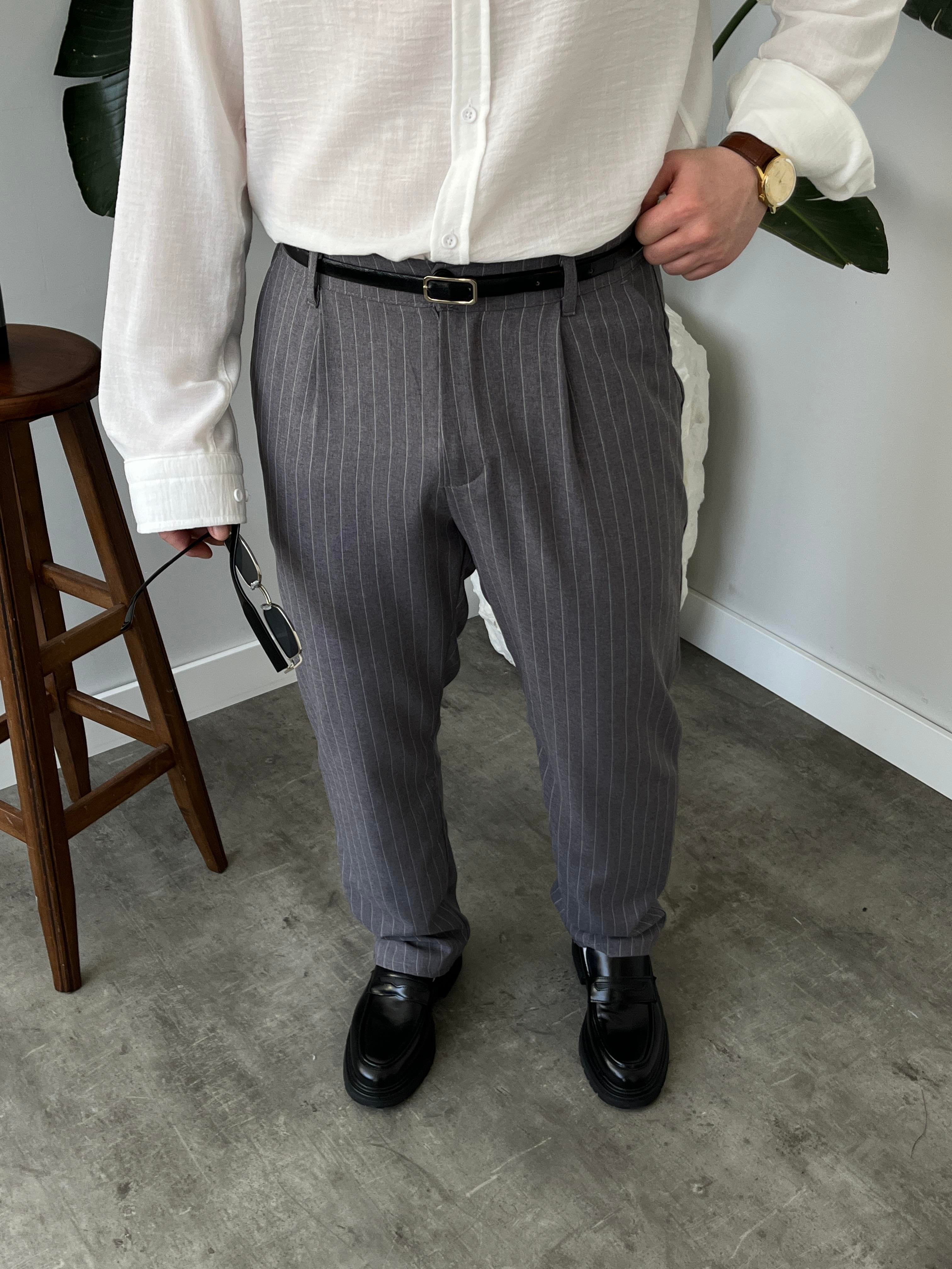 Strado Gri Çizgili Baggy Kumaş Pantolon