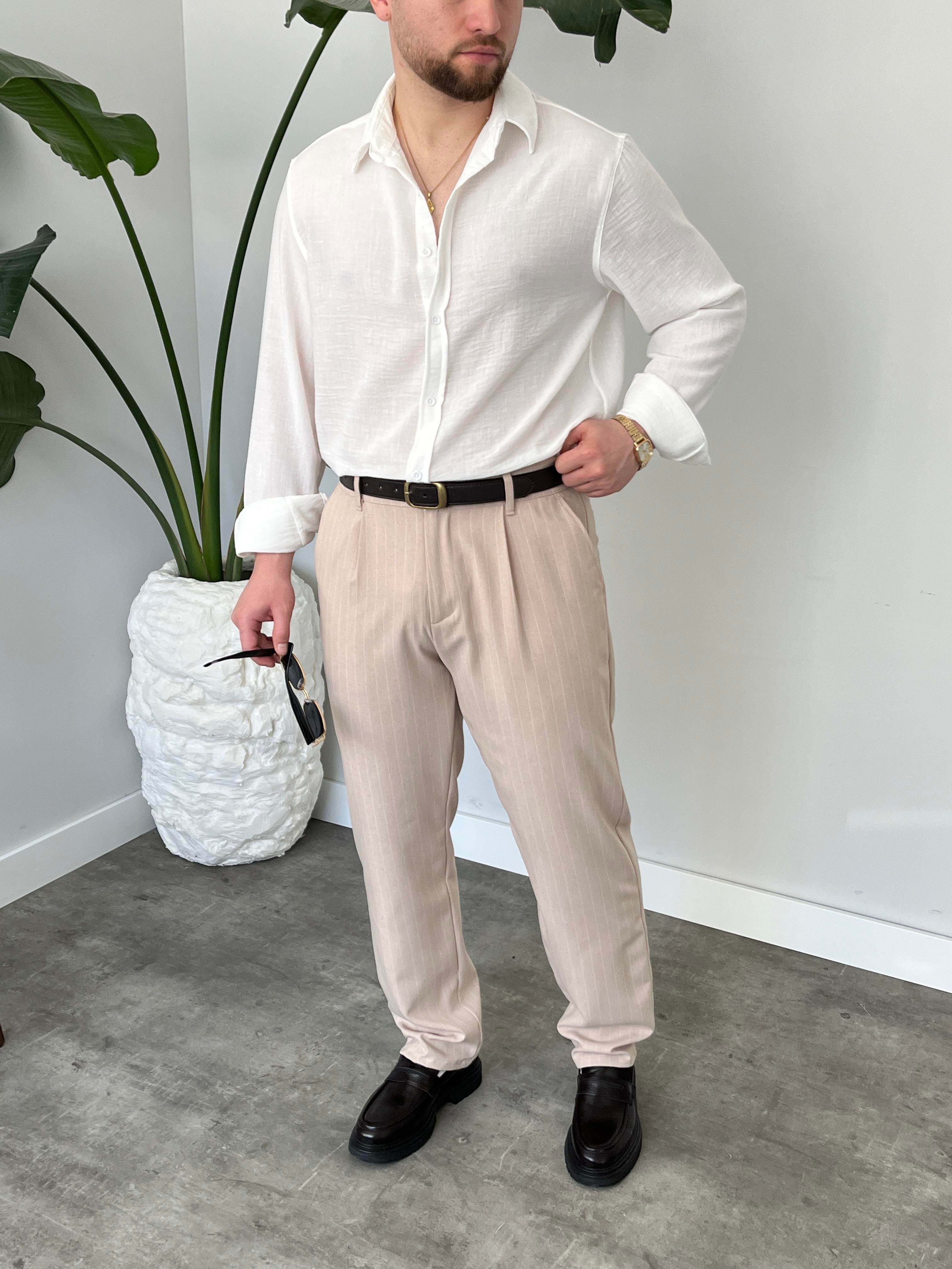 Strado Krem Çizgili Baggy Kumaş Pantolon