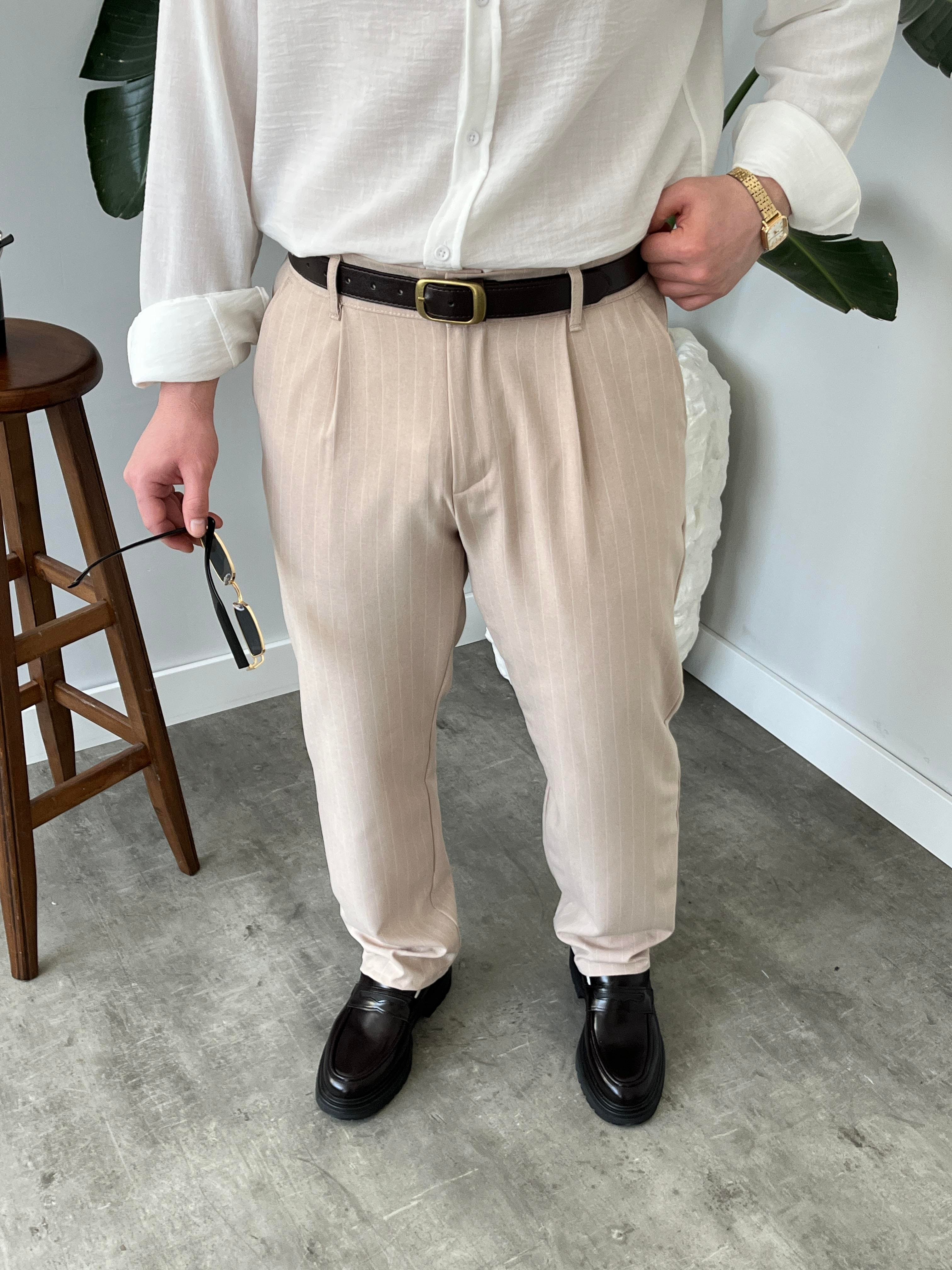Strado Krem Çizgili Baggy Kumaş Pantolon