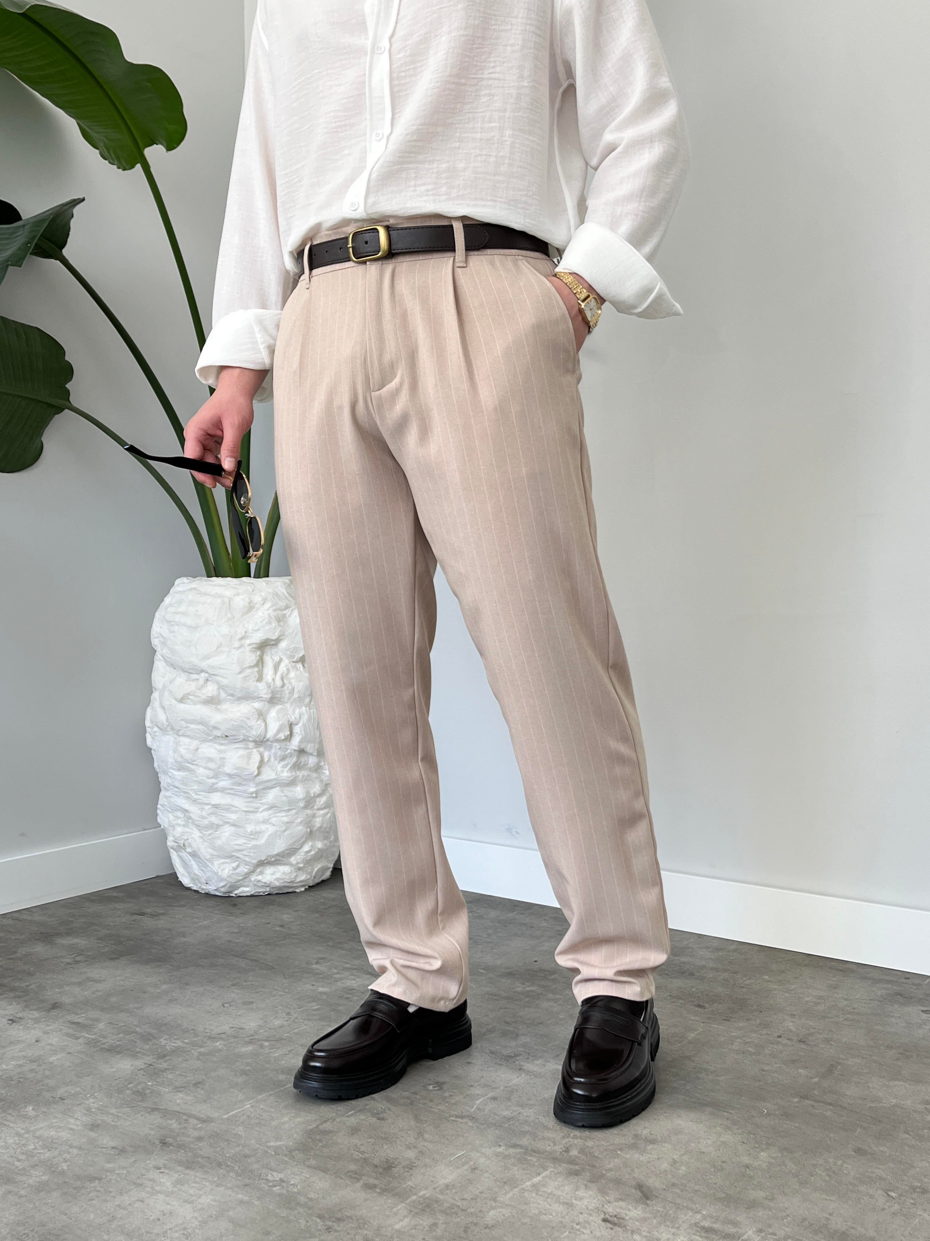 Strado Krem Çizgili Baggy Kumaş Pantolon