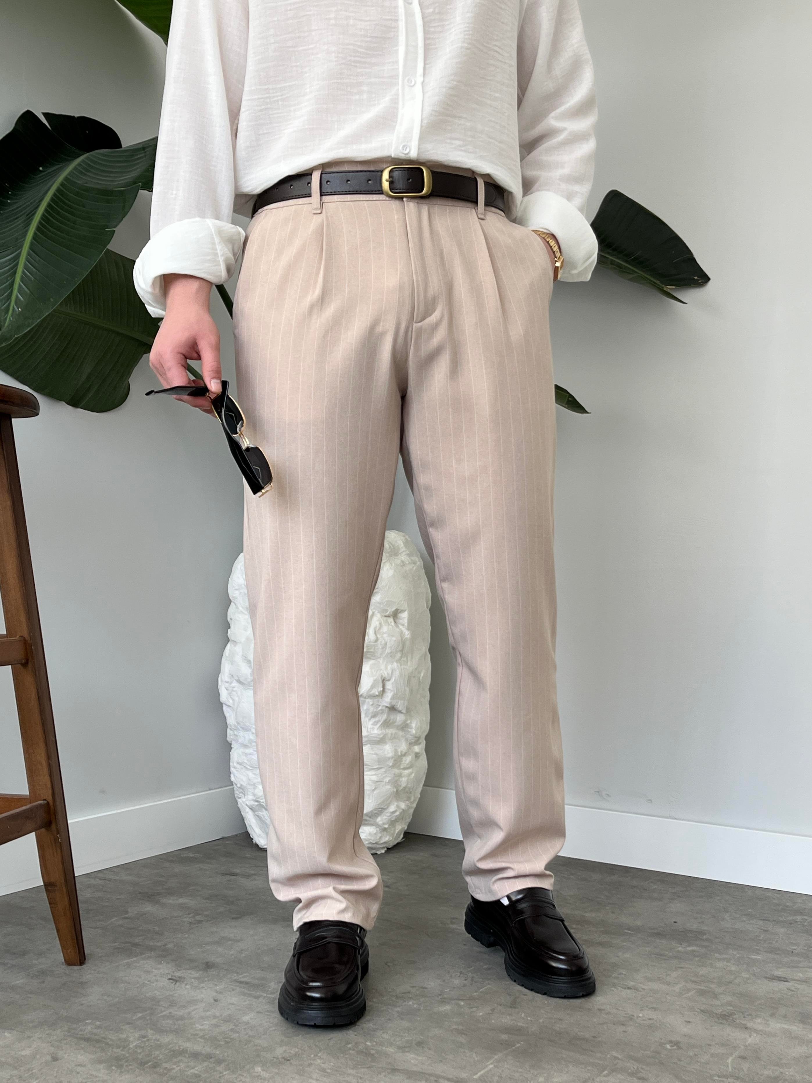 Strado Krem Çizgili Baggy Kumaş Pantolon