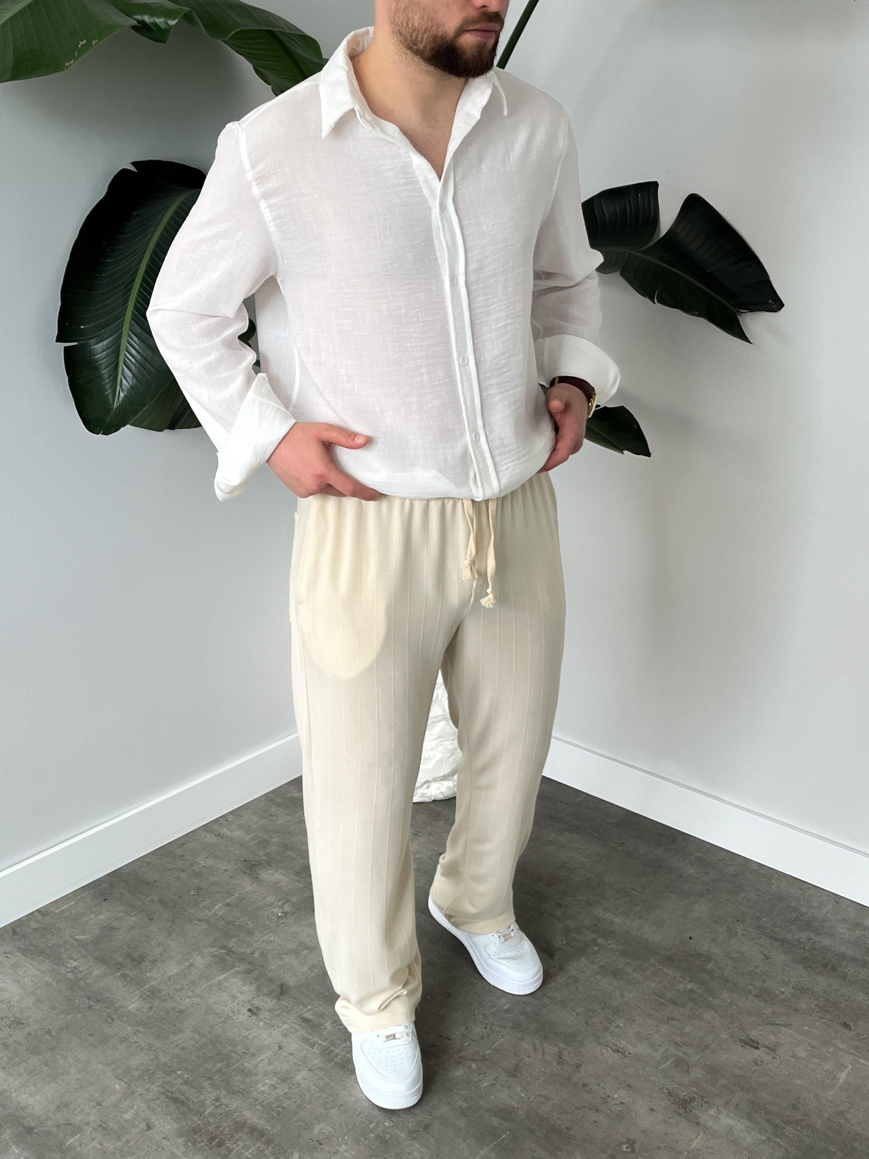 Stride Krem Çizgi Detaylı Baggy Pantolon