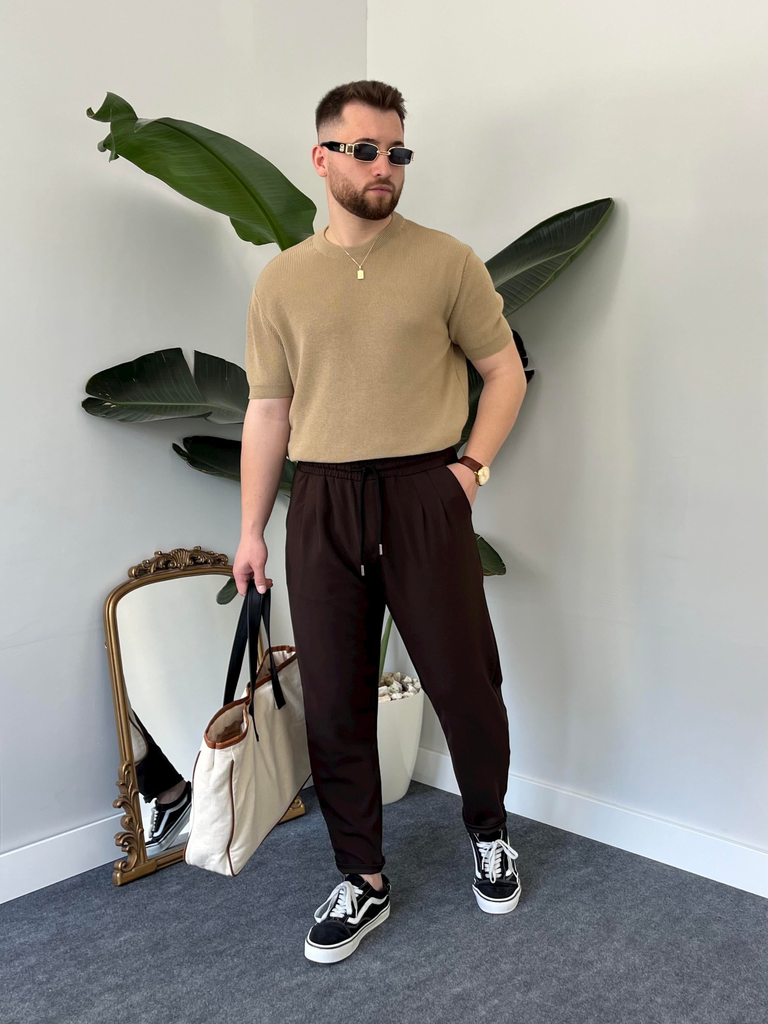 Sütlü Kahve Casual Örme Triko T-shirt