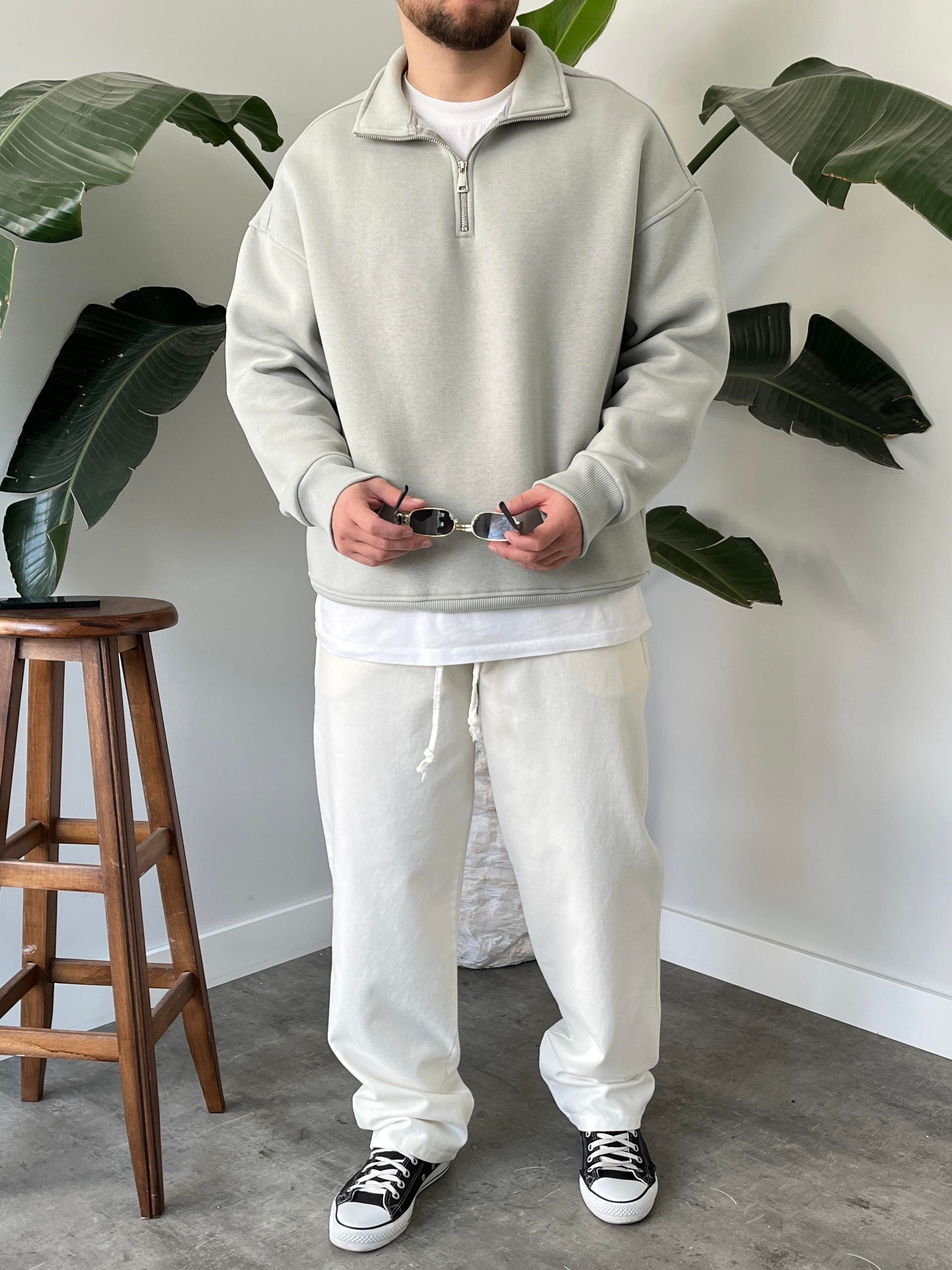 Taş Gri Yarım Fermuar Üç İplik Şardonlu Sweatshirt