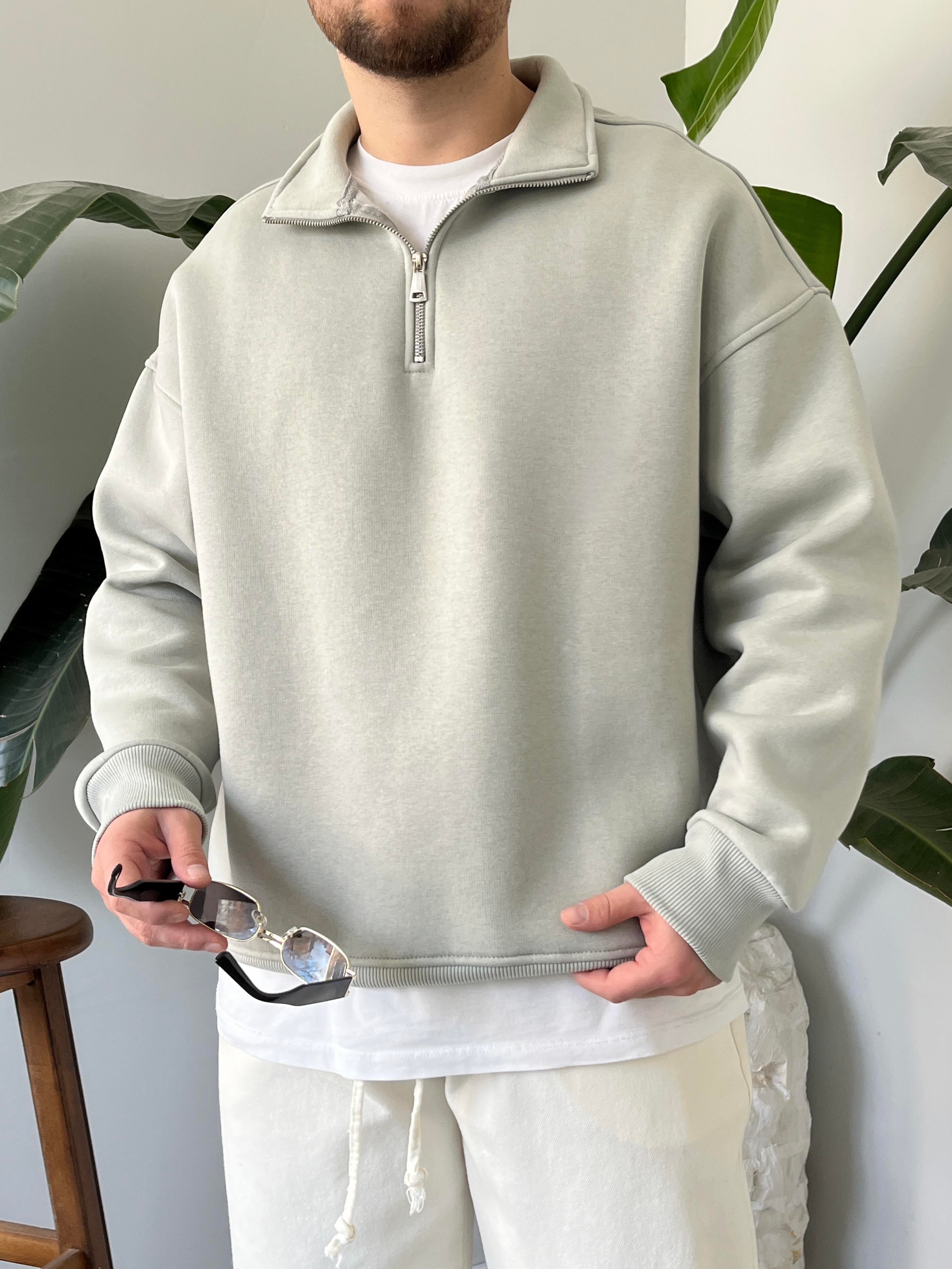 Taş Gri Yarım Fermuar Üç İplik Şardonlu Sweatshirt
