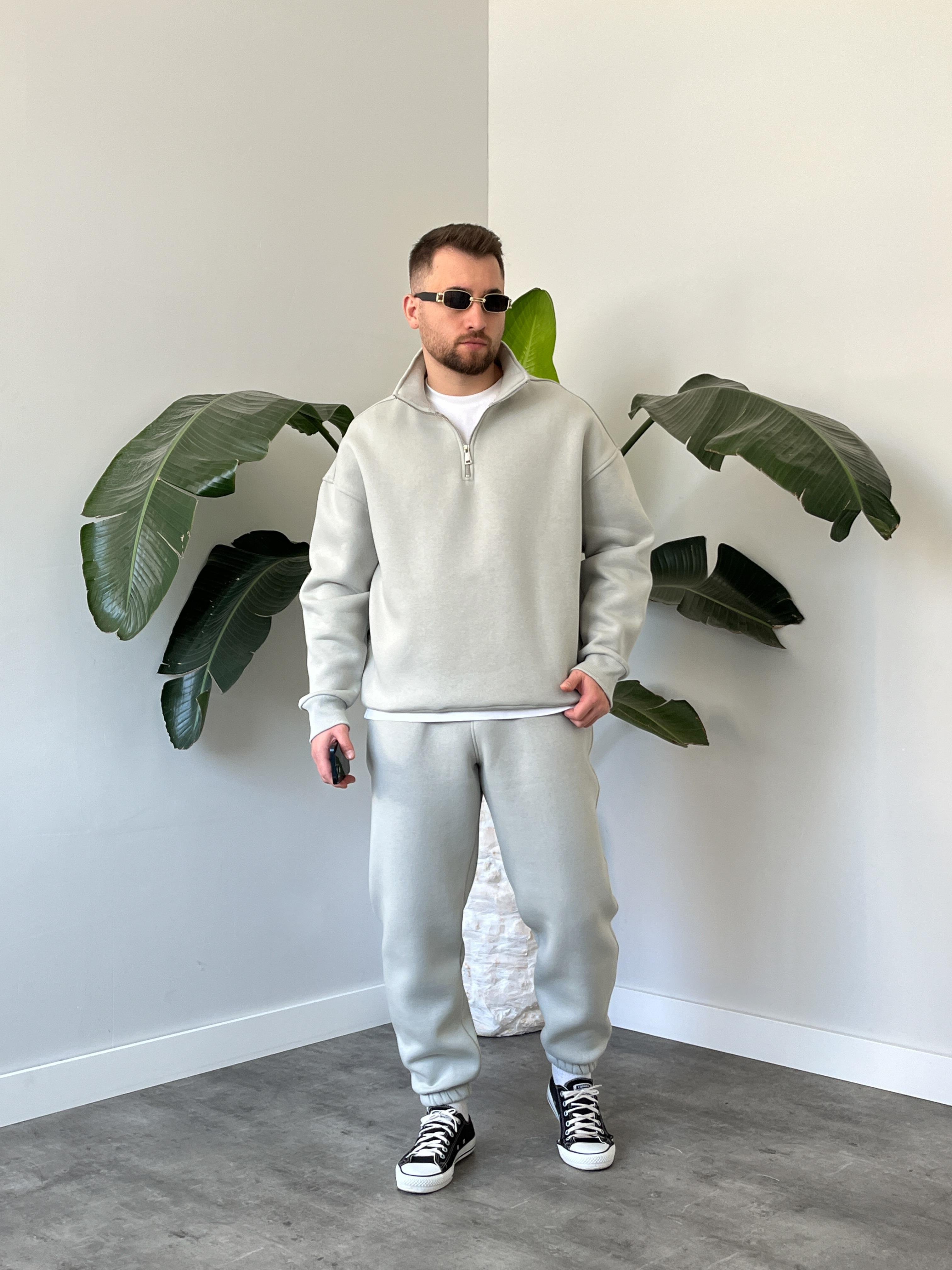 Taş Gri Yarım Fermuarlı Oversize Eşofman Takımı