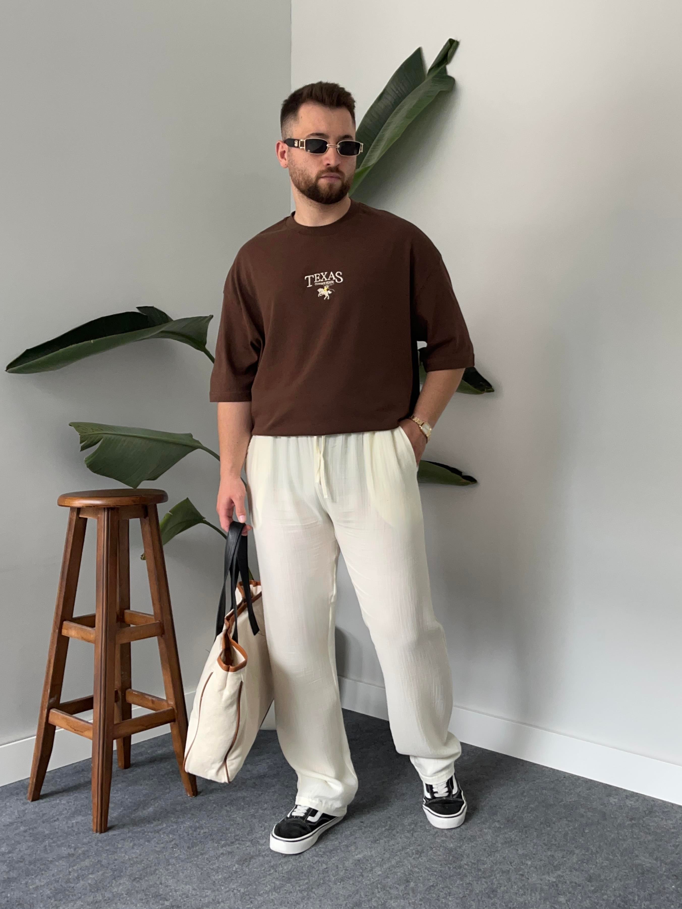 Teksas Nakışlı Kahverengi  Oversize  T-shirt