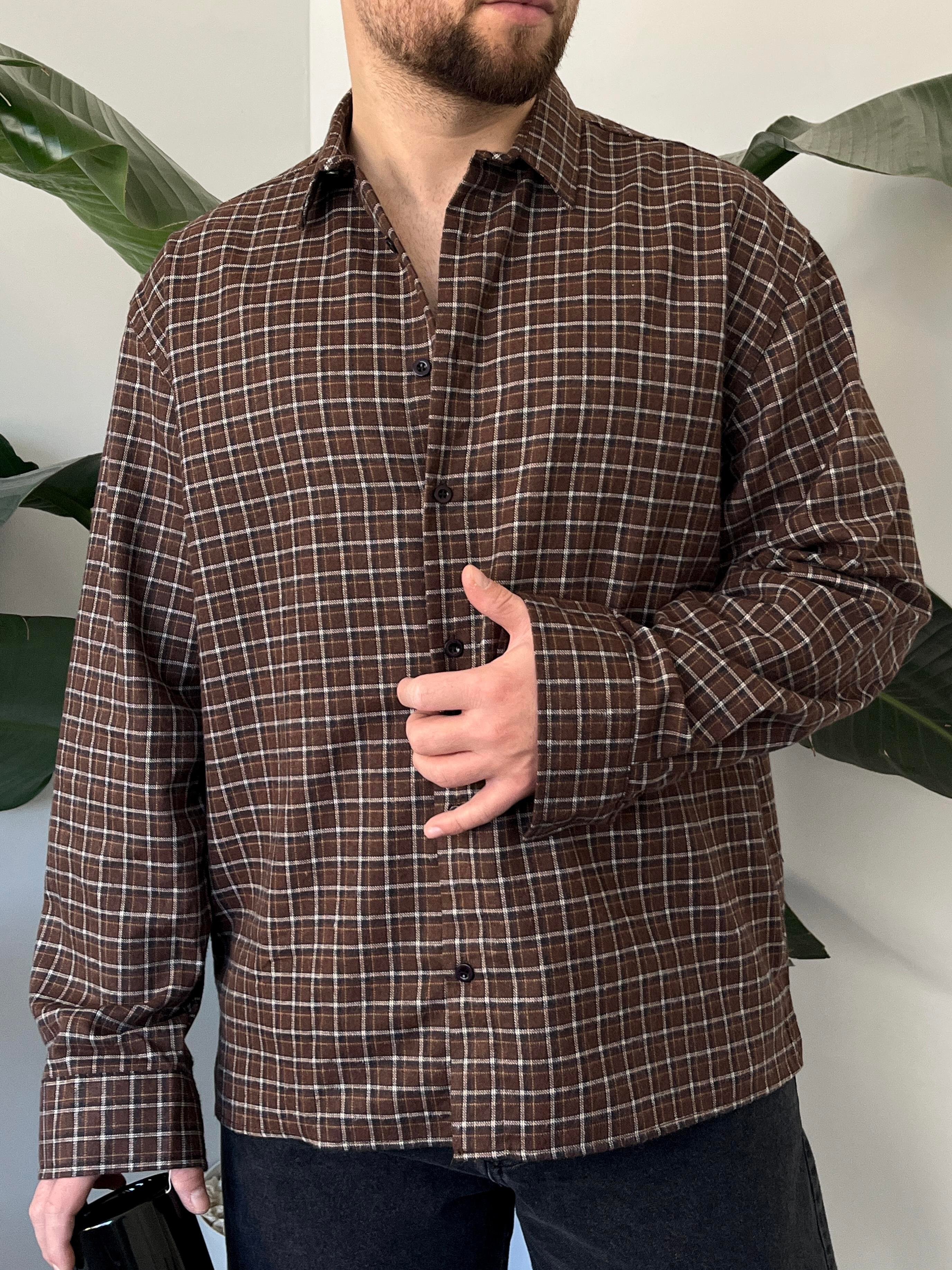 Terra Kahverengi Kare Çizgili Oversize Gömlek