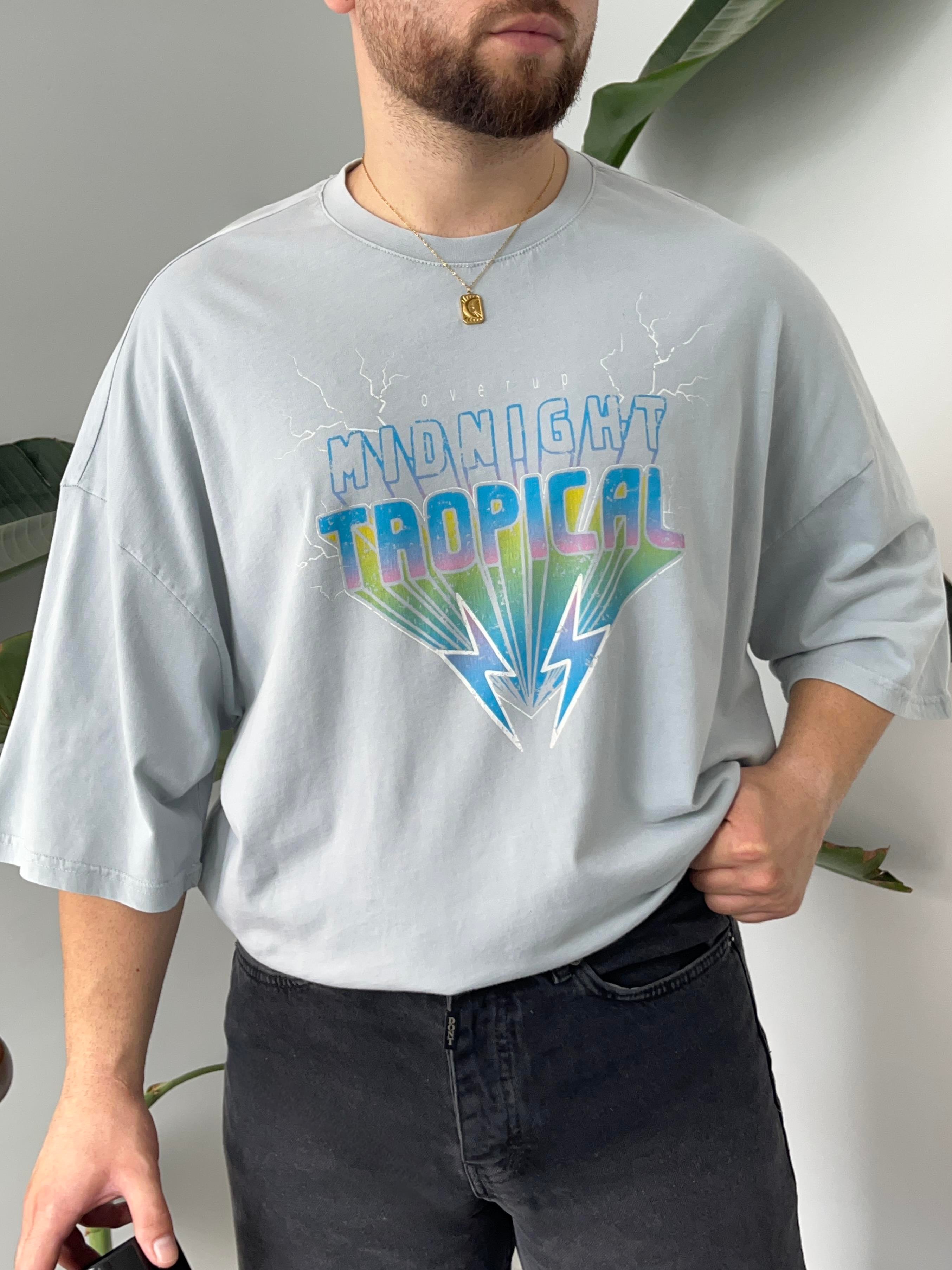 Tropical Yıkamalı Gri Oversize T-shirt