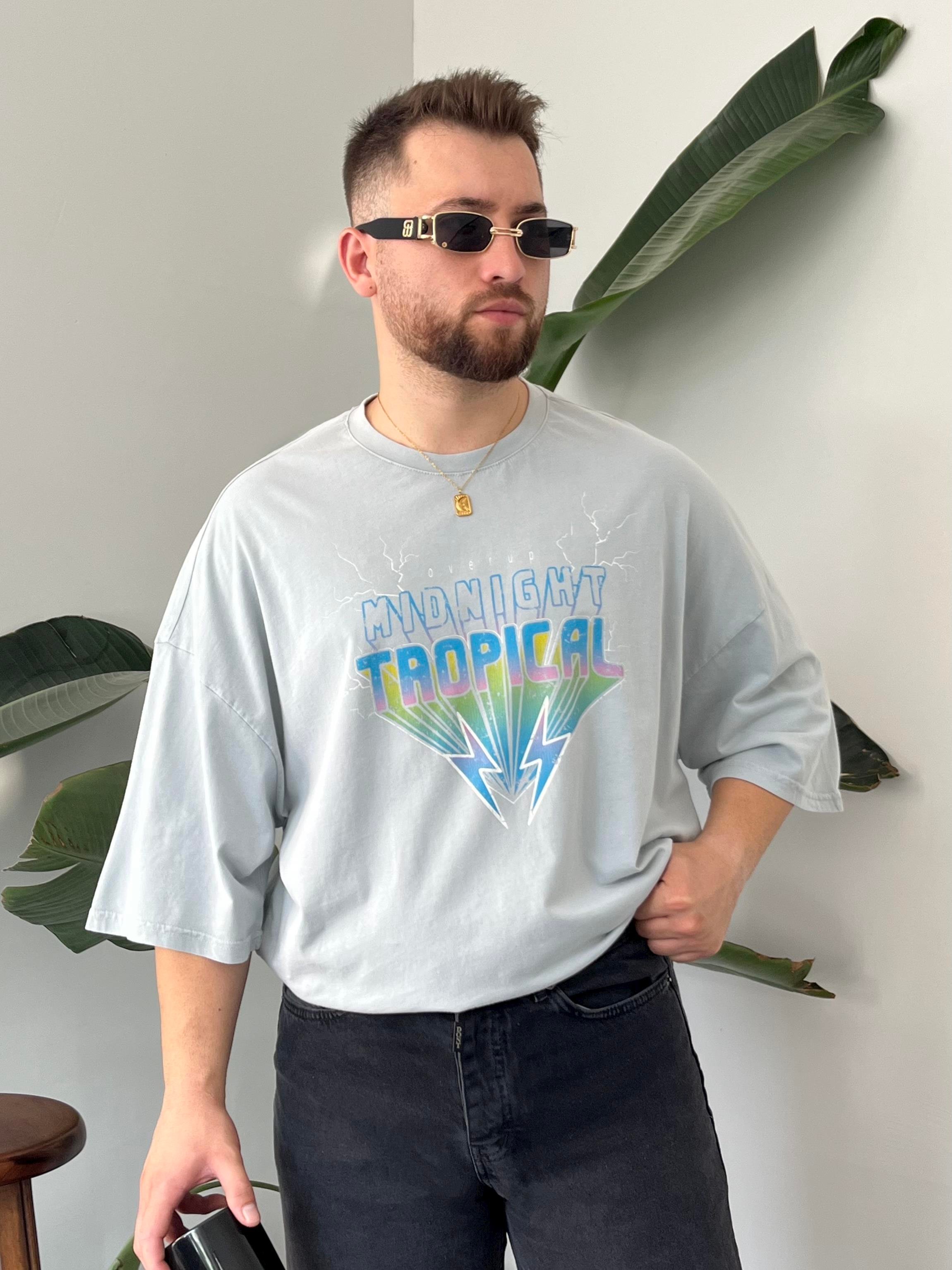 Tropical Yıkamalı Gri Oversize T-shirt
