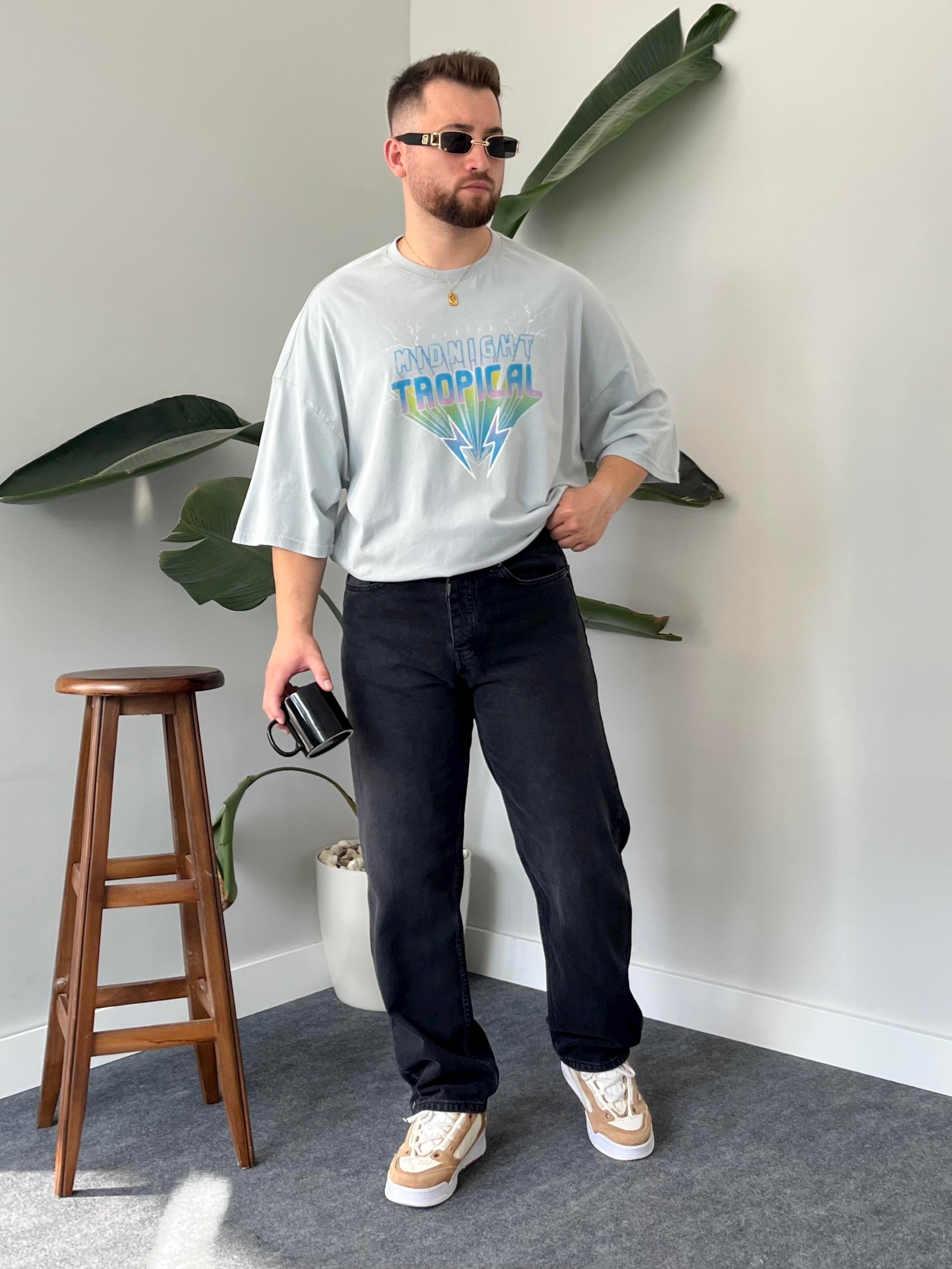 Tropical Yıkamalı Gri Oversize T-shirt