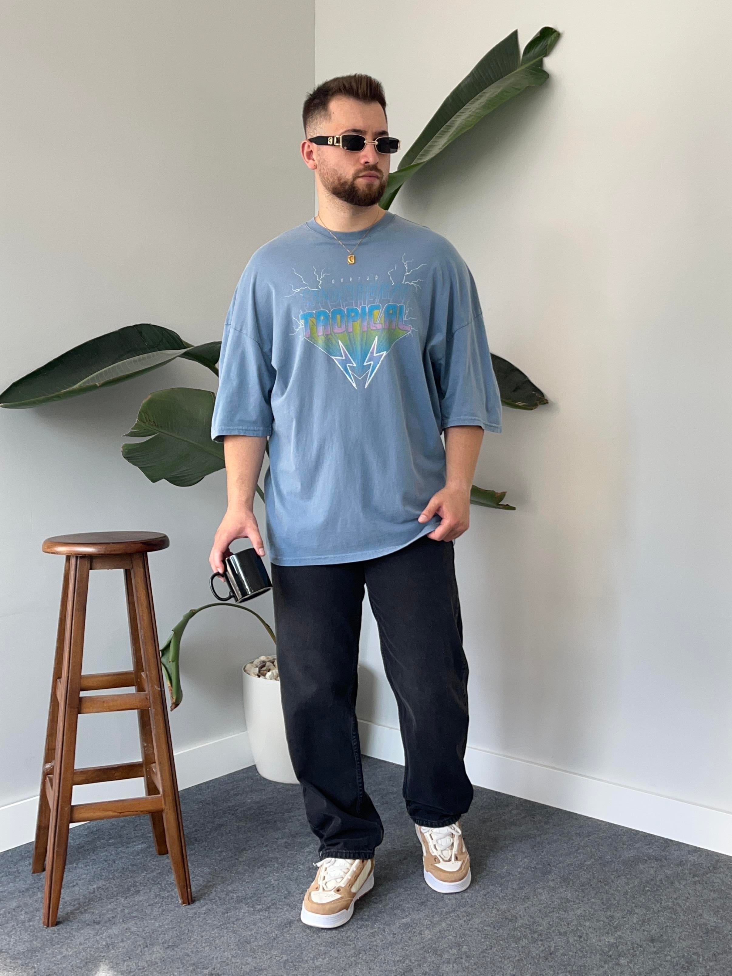 Tropical Yıkamalı Mavi Oversize T-shirt