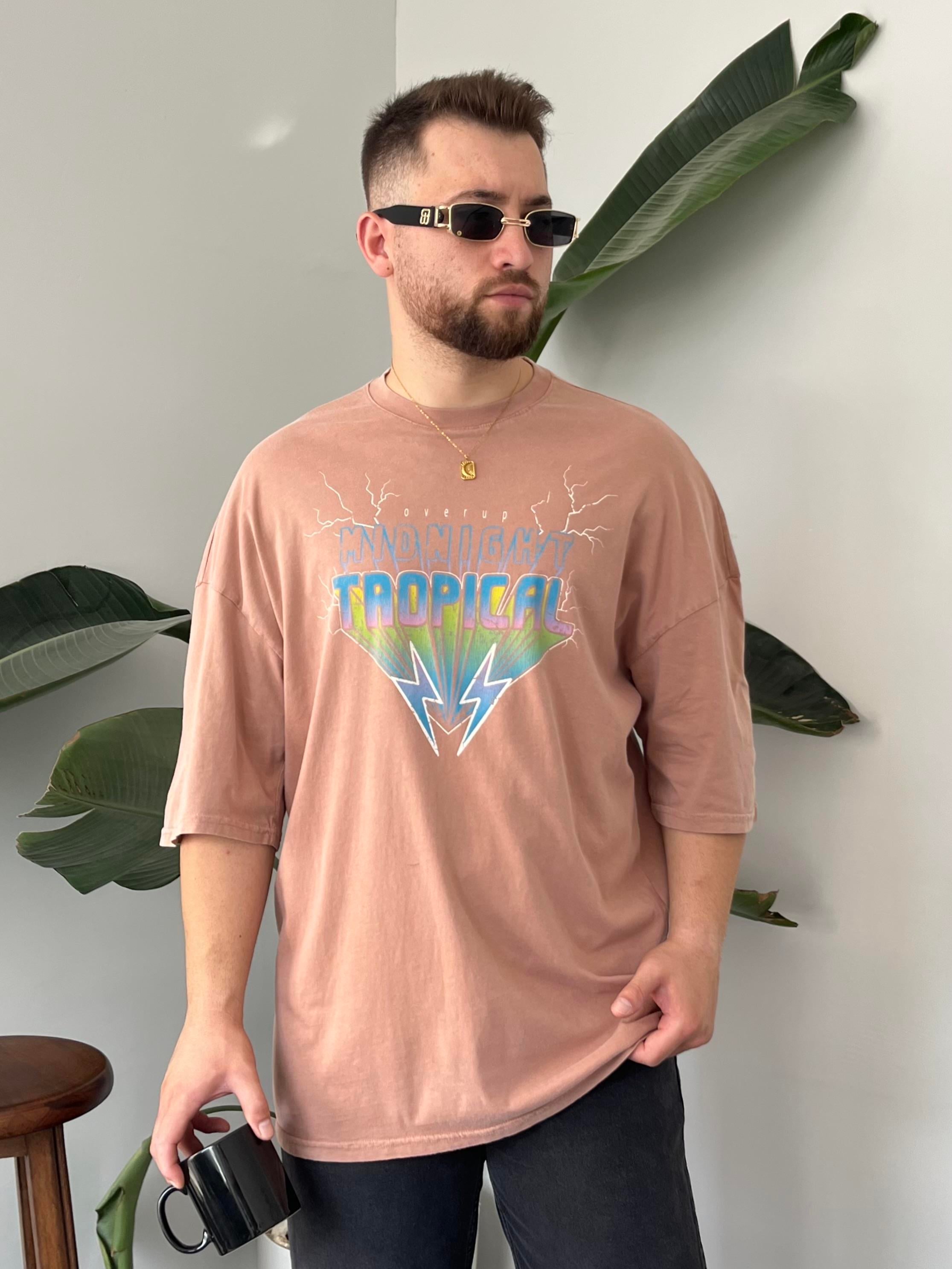 Tropical Yıkamalı Turuncu Oversize T-shirt