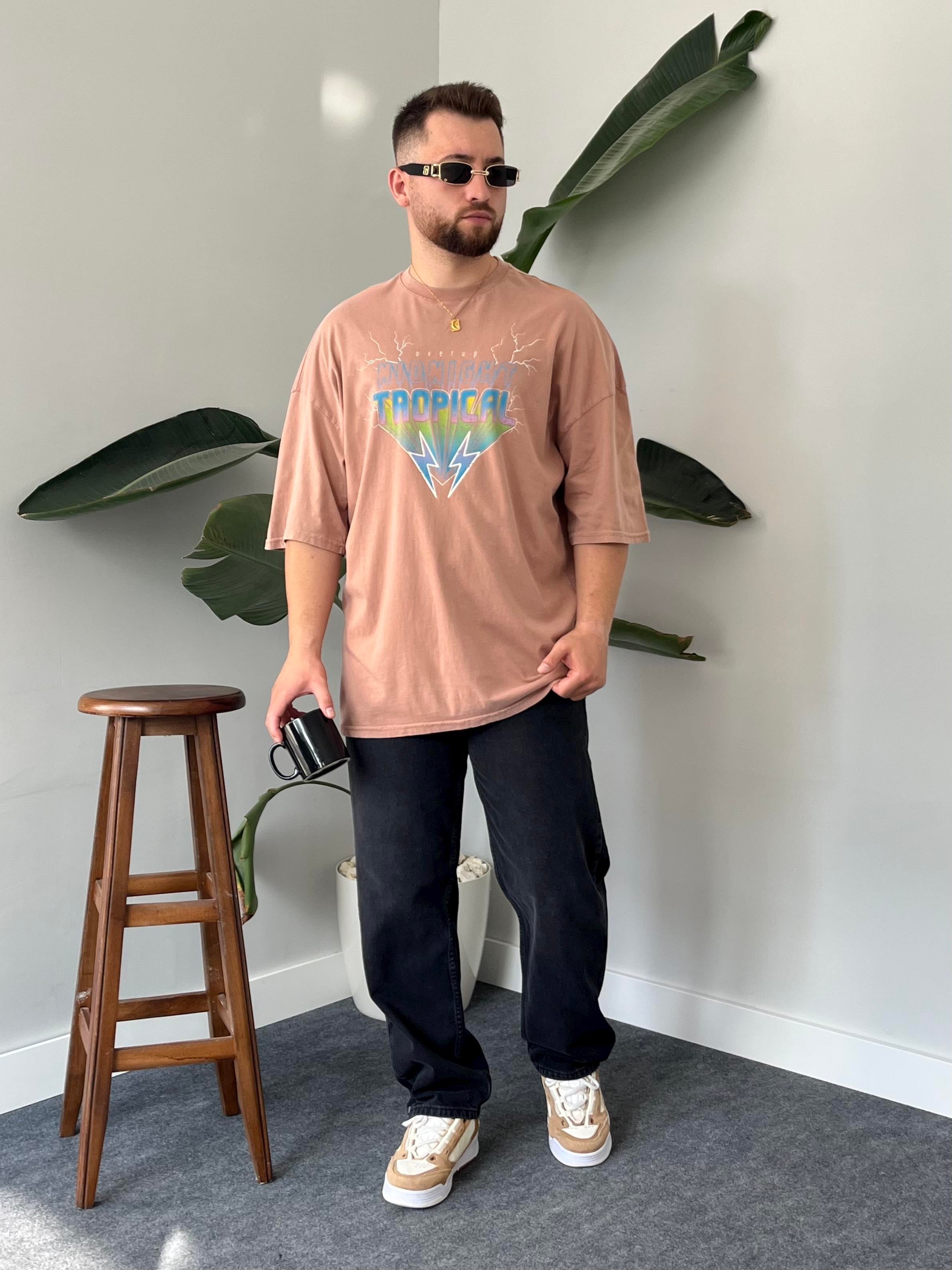 Tropical Yıkamalı Turuncu Oversize T-shirt