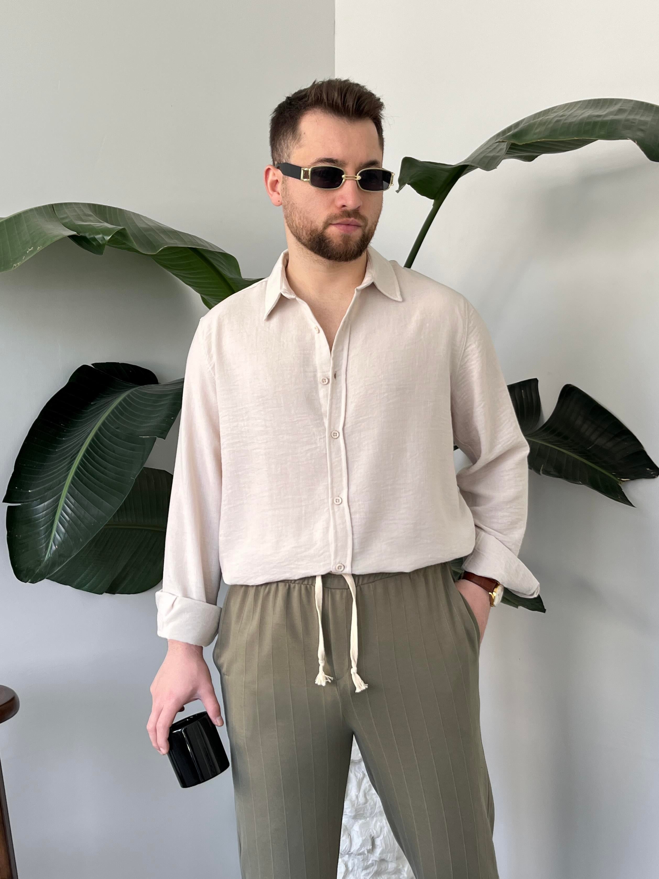 Vento Krem Krinkıl Kumaş Oversize Gömlek