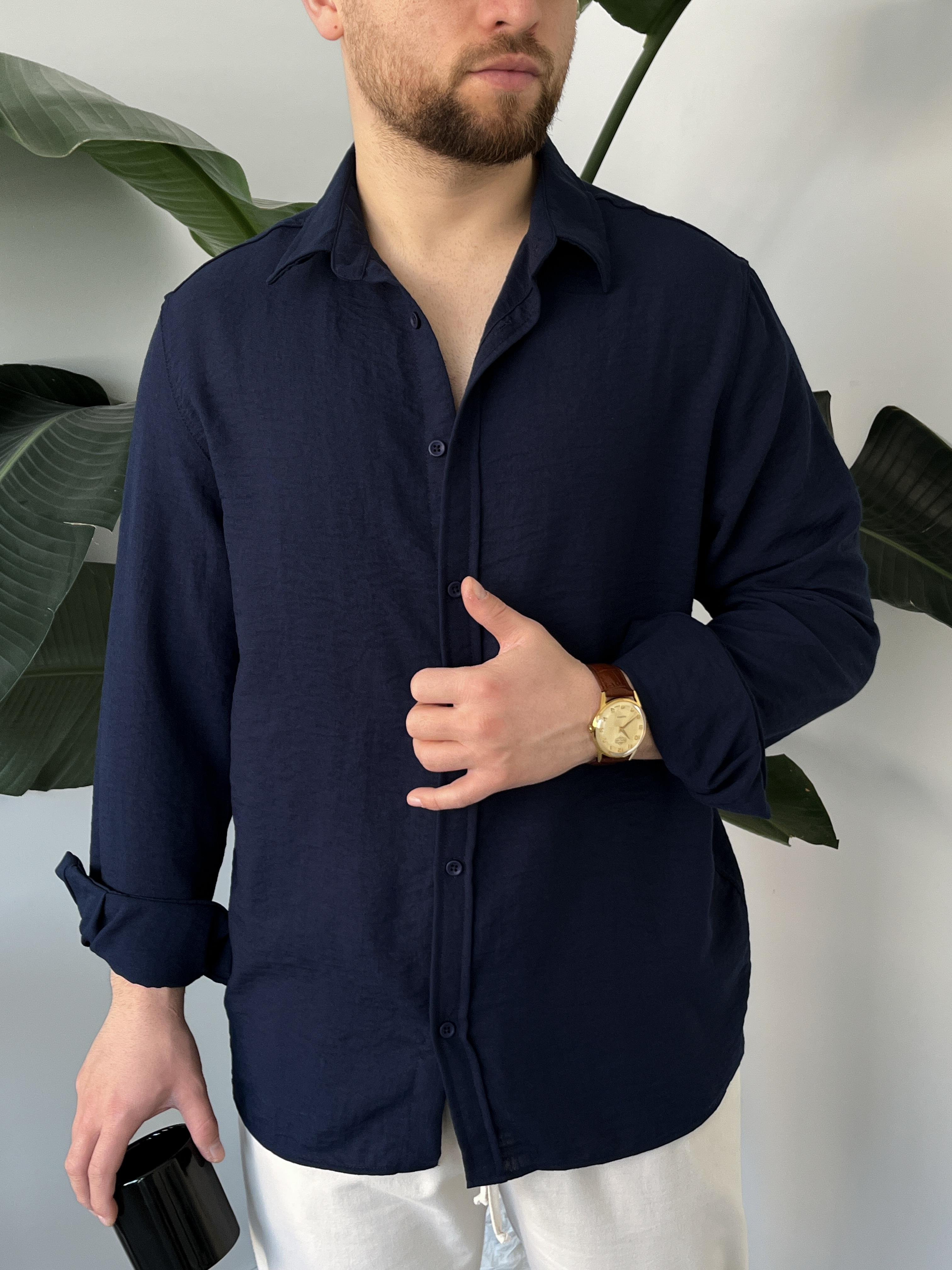 Vento Lacivert Krinkıl Kumaş Oversize Gömlek