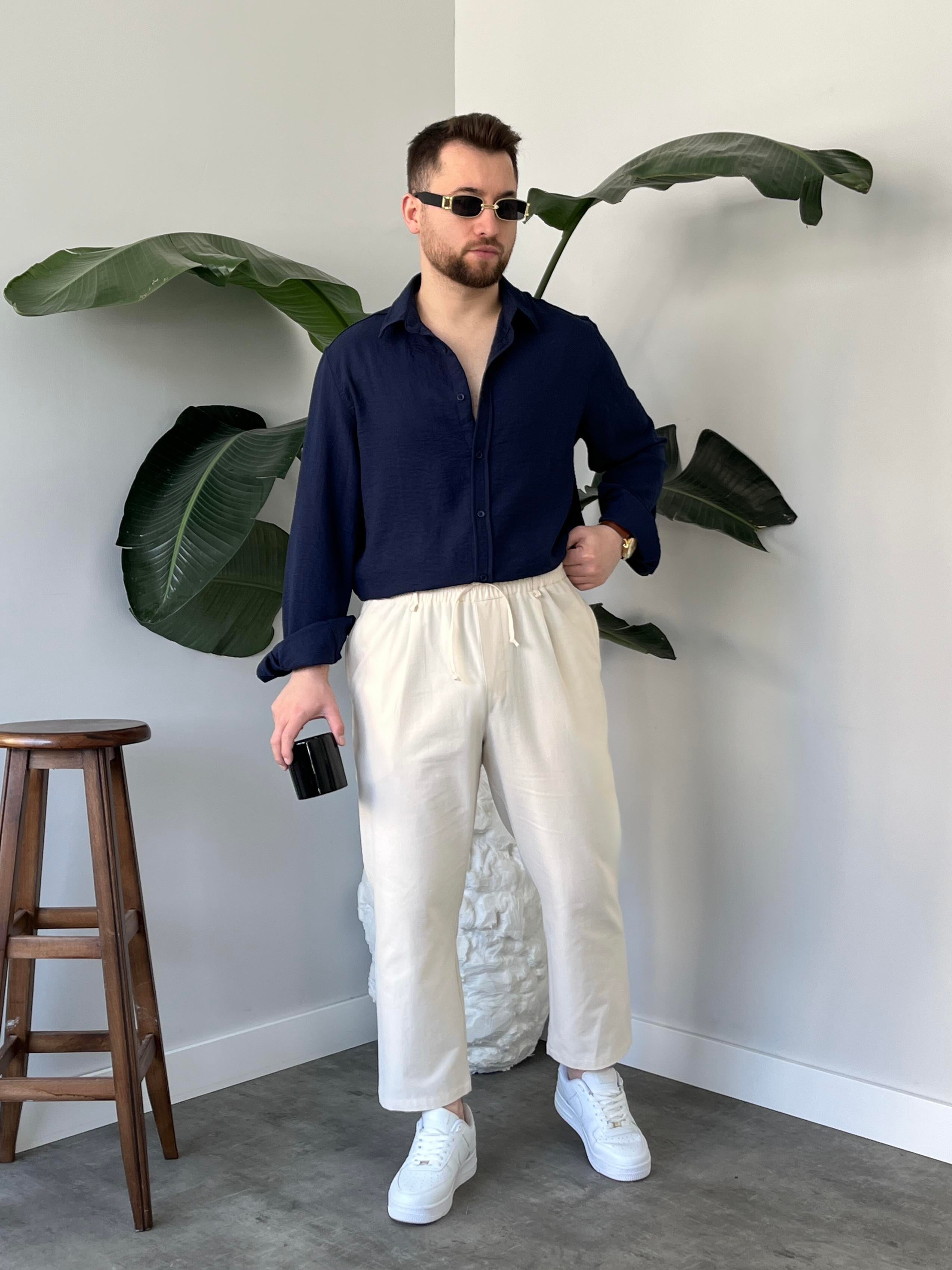 Vento Lacivert Krinkıl Kumaş Oversize Gömlek