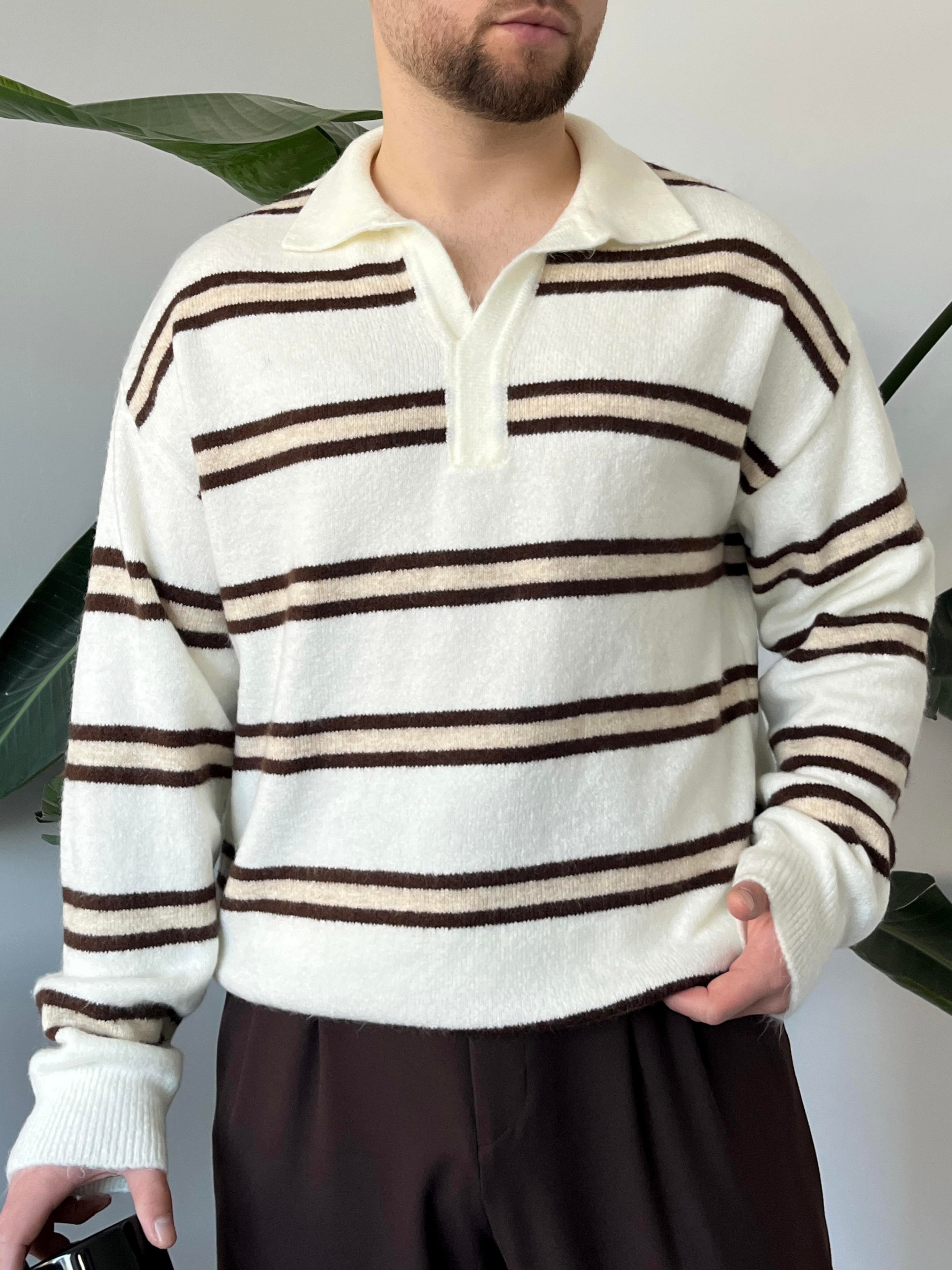 Versa Ekru Çizgili Polo Yaka Triko Kazak