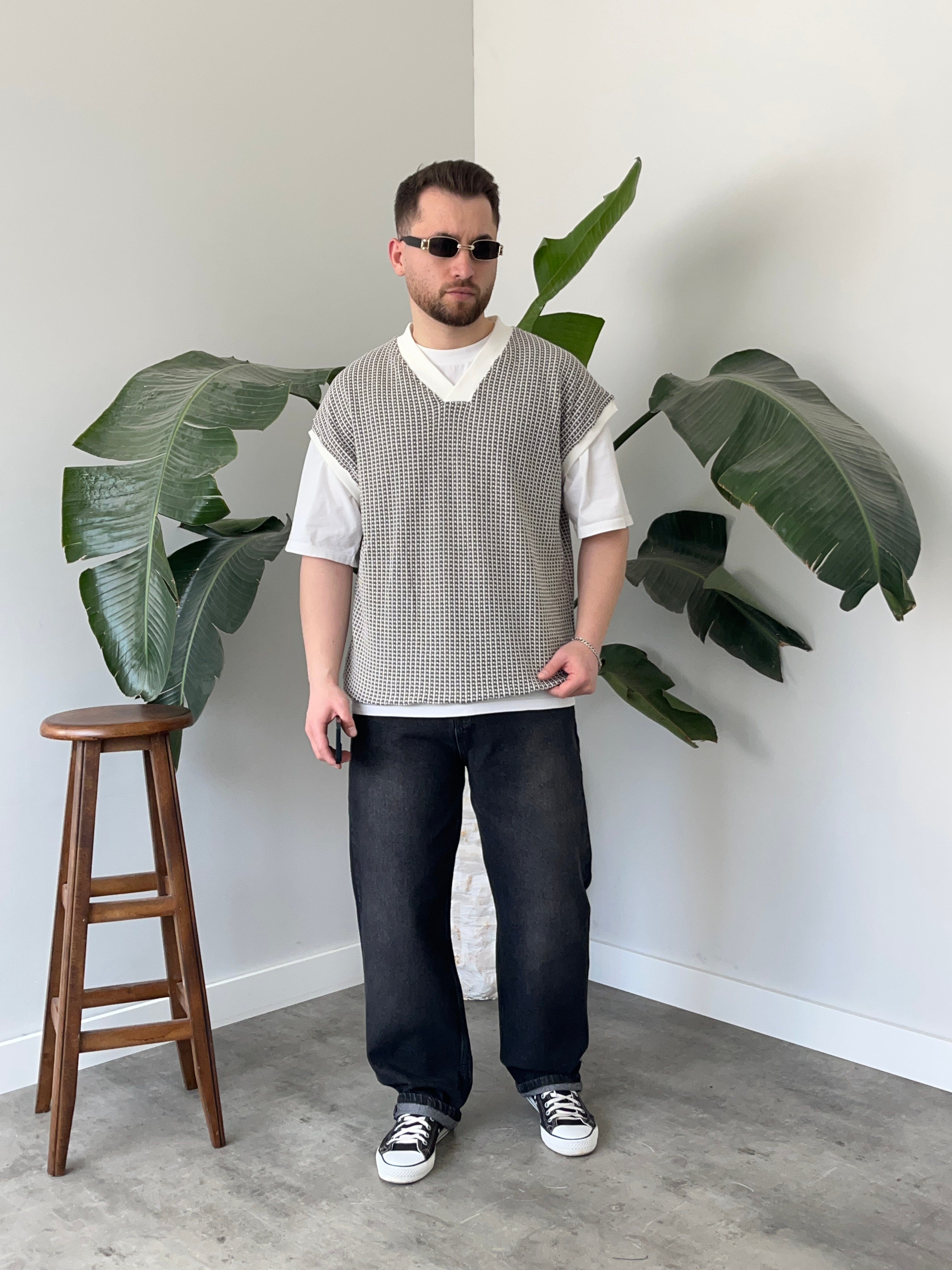 Vino Gri Desenli Oversize Süveter