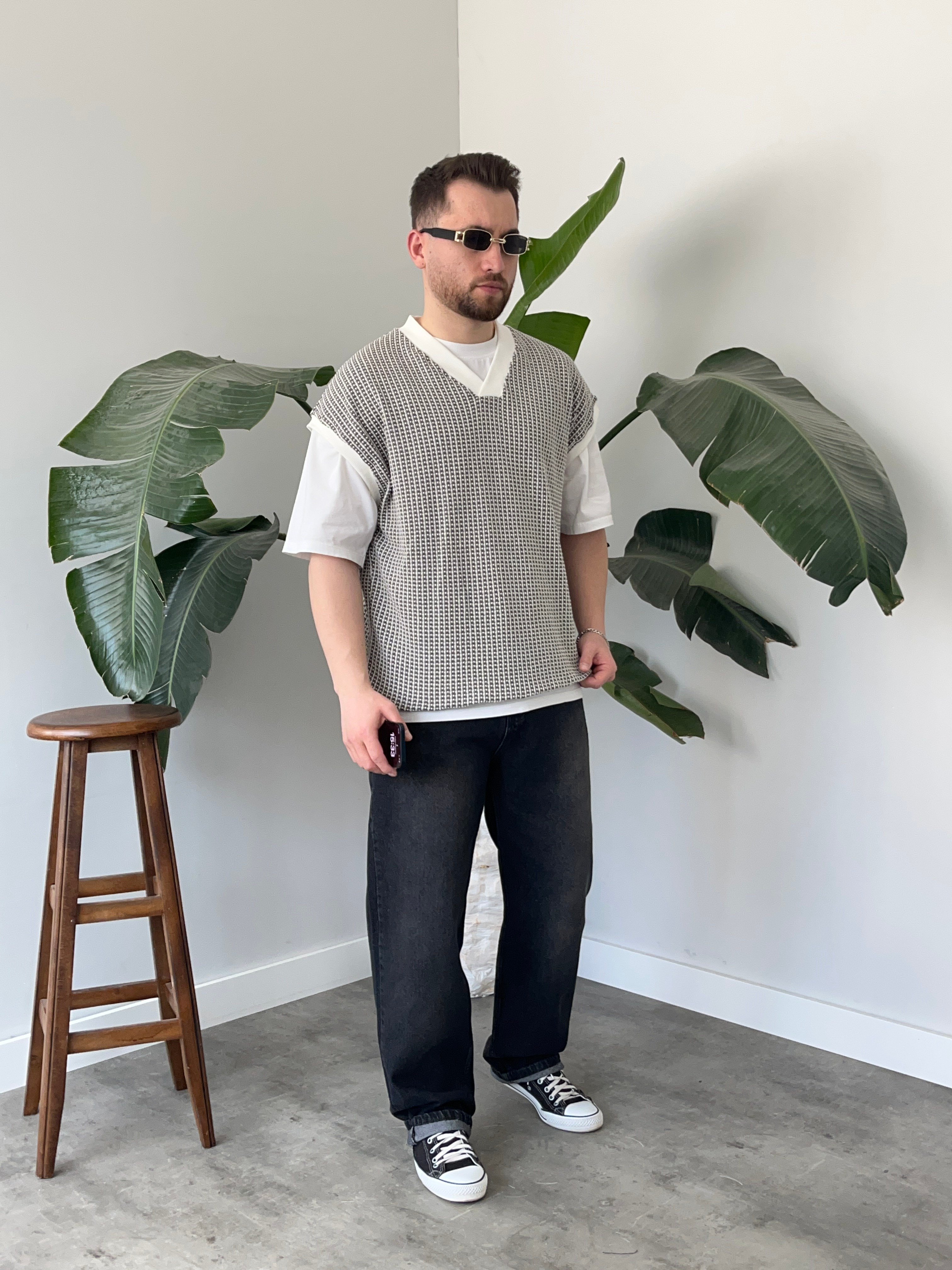 Vino Gri Desenli Oversize Süveter