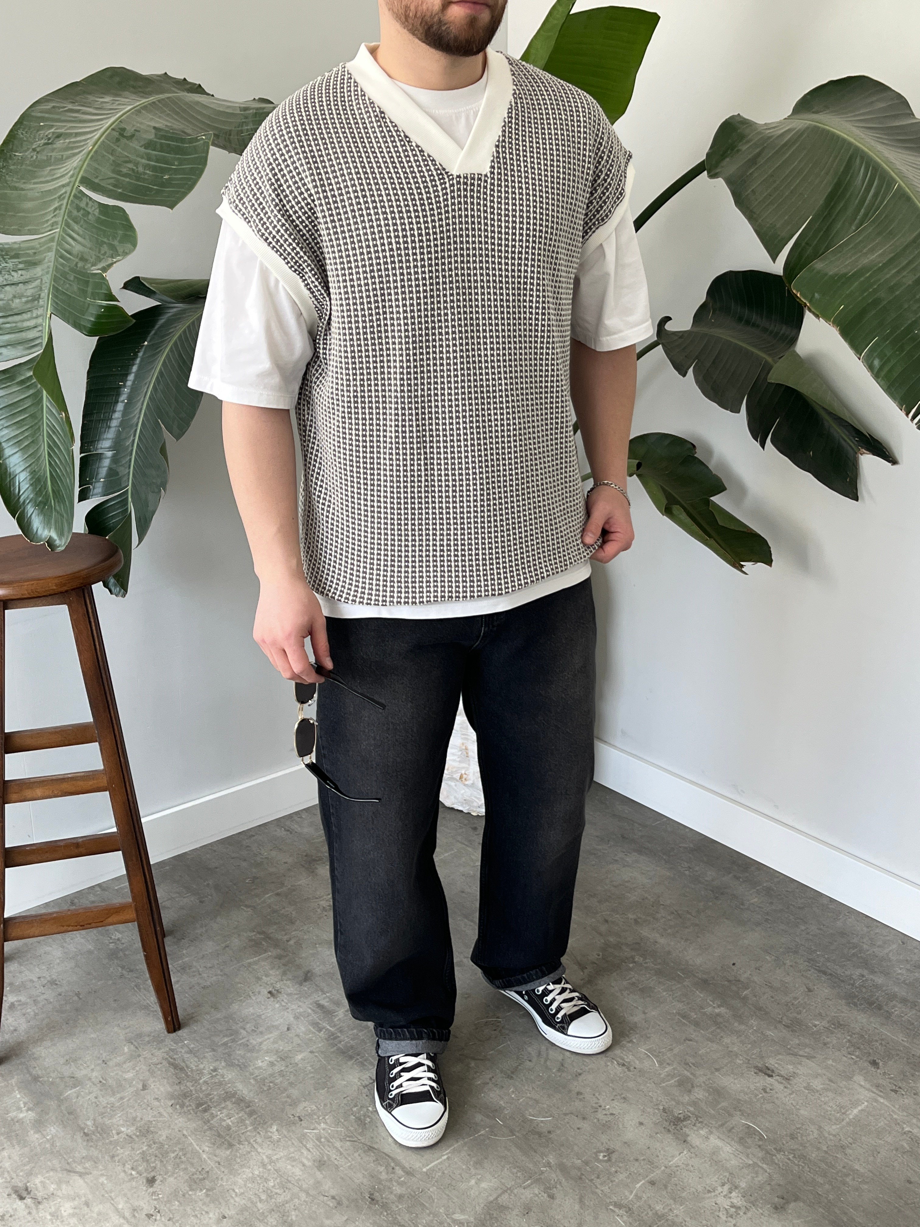 Vino Gri Desenli Oversize Süveter