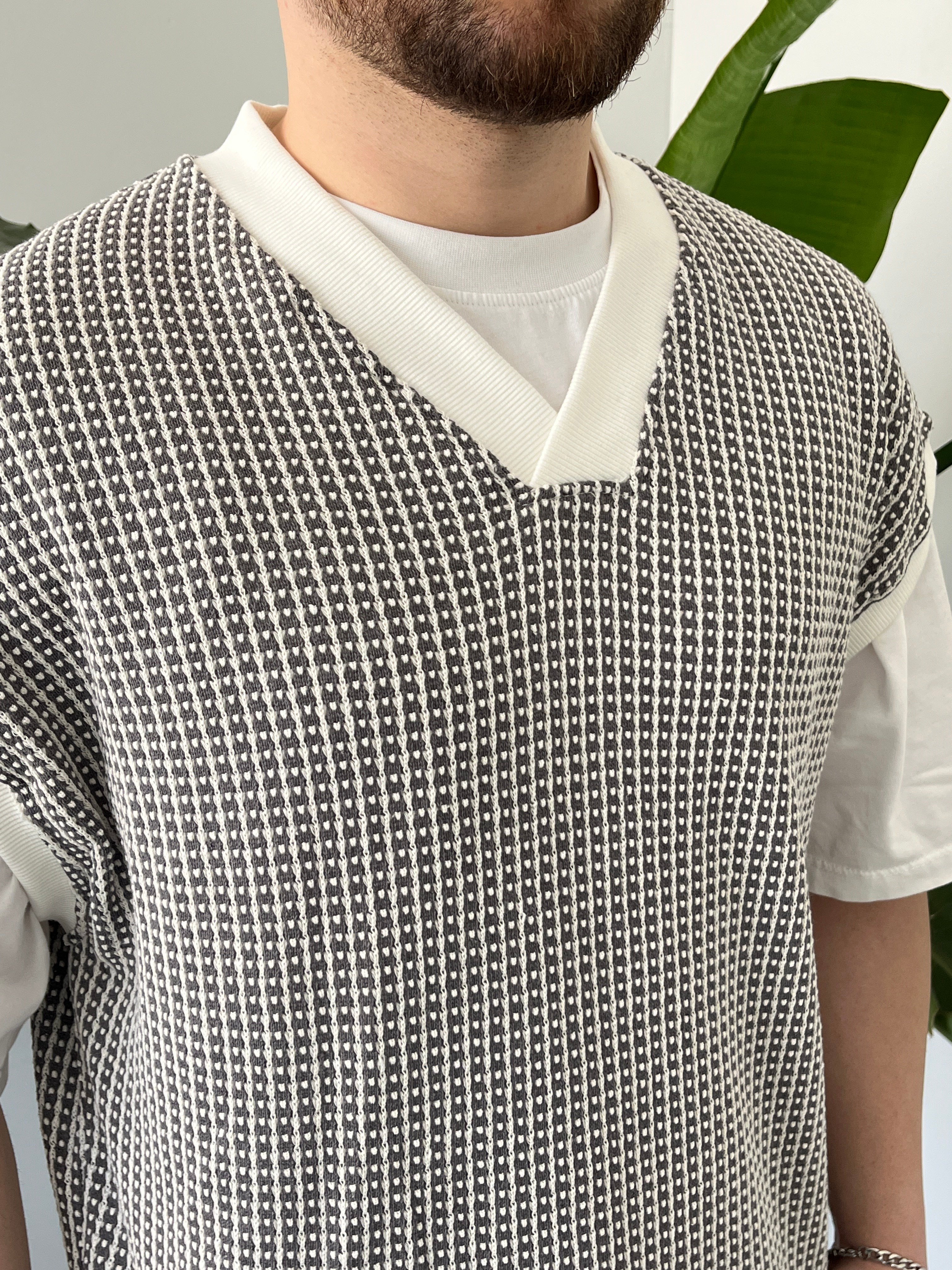 Vino Gri Desenli Oversize Süveter
