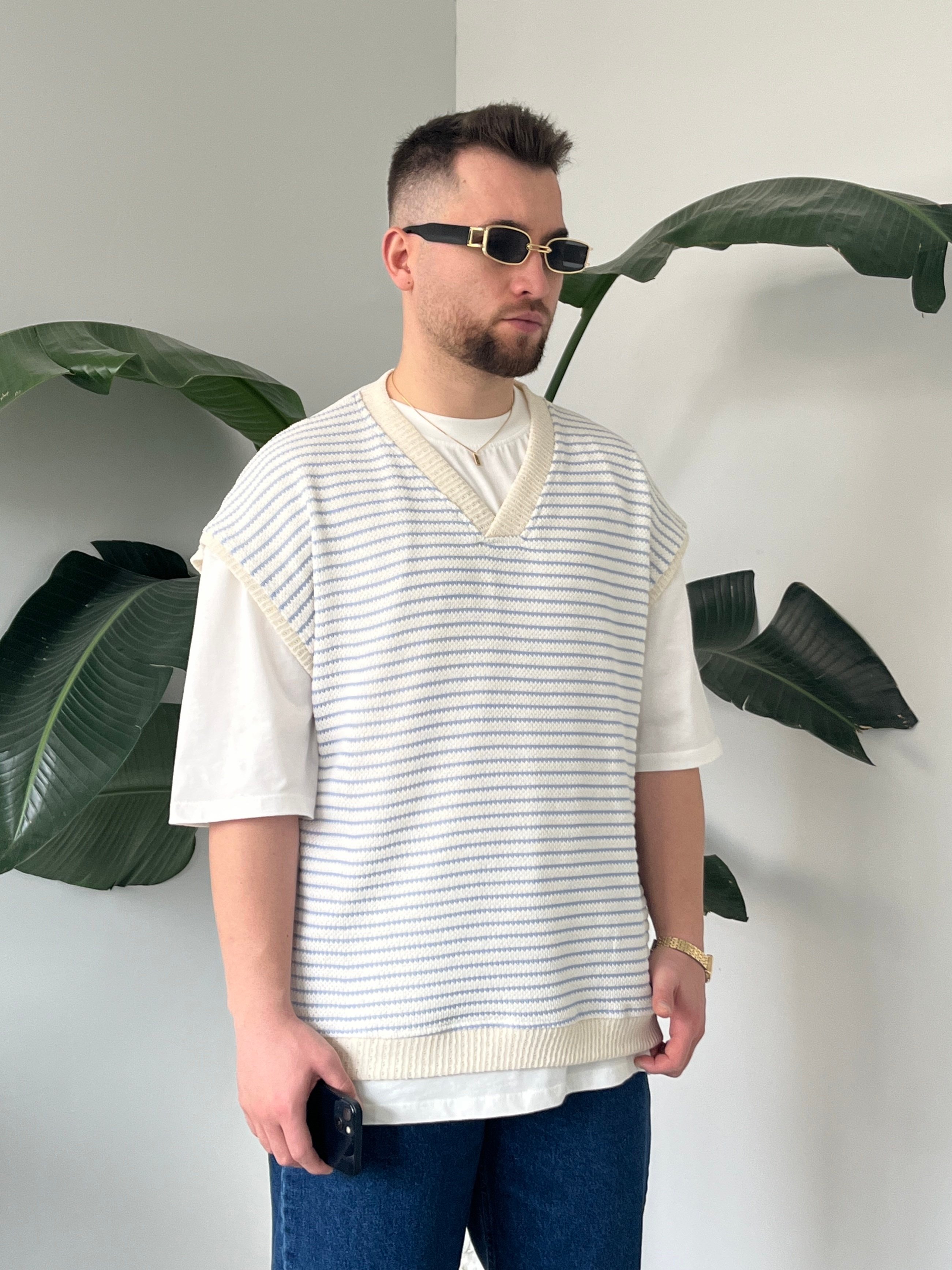 Vino Mavi Çizgili Oversize Süveter
