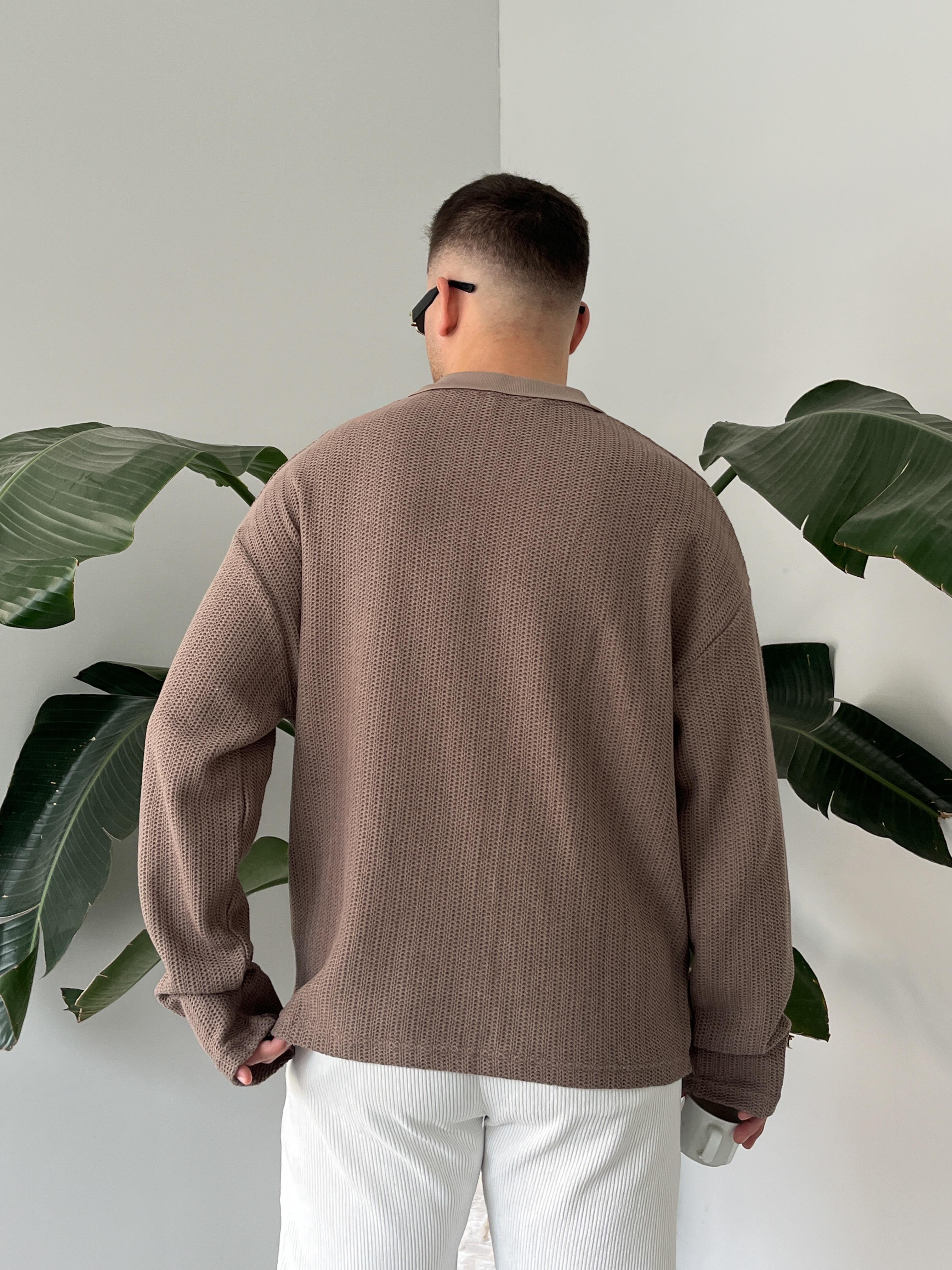 Vizon Waffle Dokulu Polo Yaka Örme Triko Sweatshirt