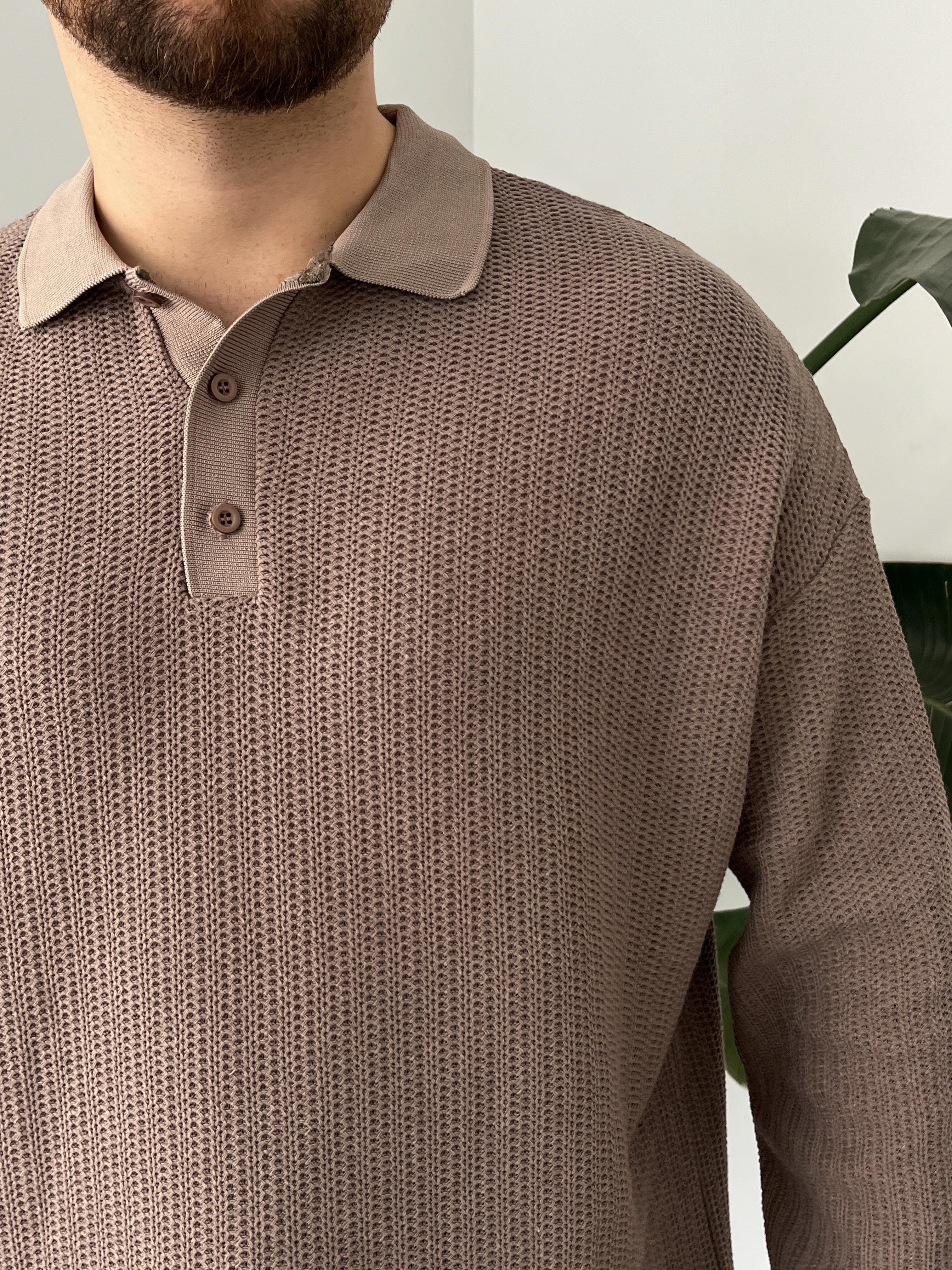 Vizon Waffle Dokulu Polo Yaka Örme Triko Sweatshirt