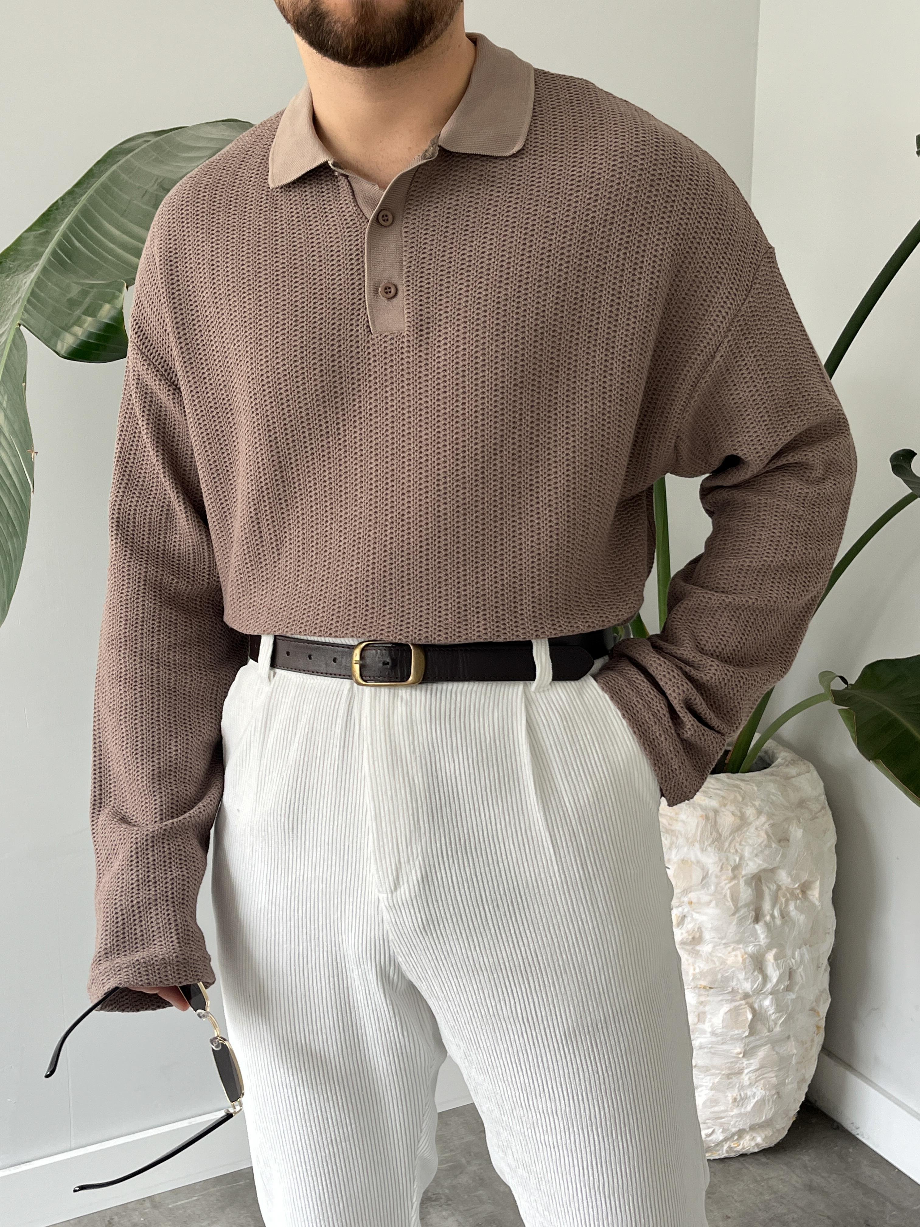 Vizon Waffle Dokulu Polo Yaka Örme Triko Sweatshirt