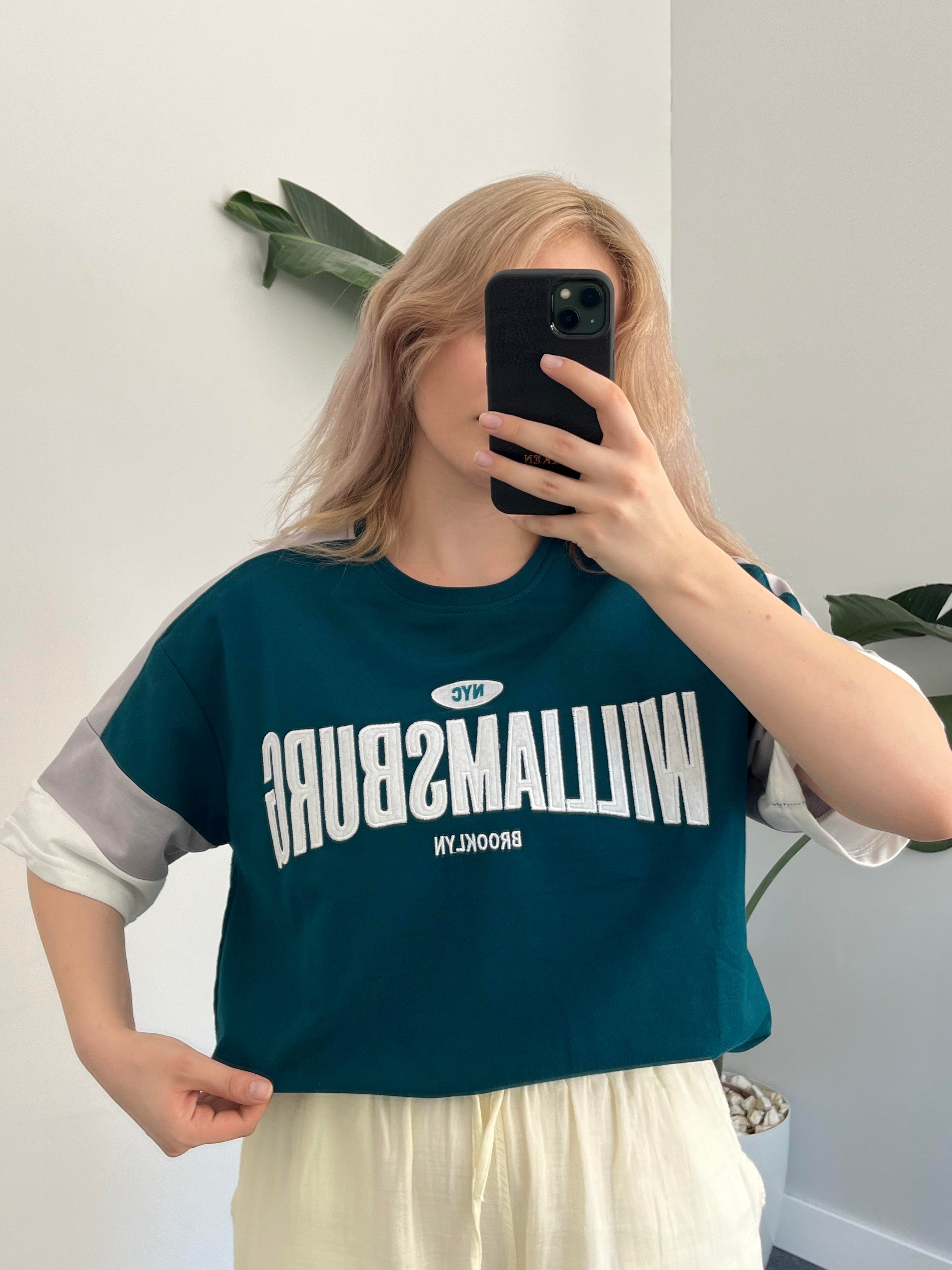Williamsburg Nakışlı Petrol Oversize T-shirt