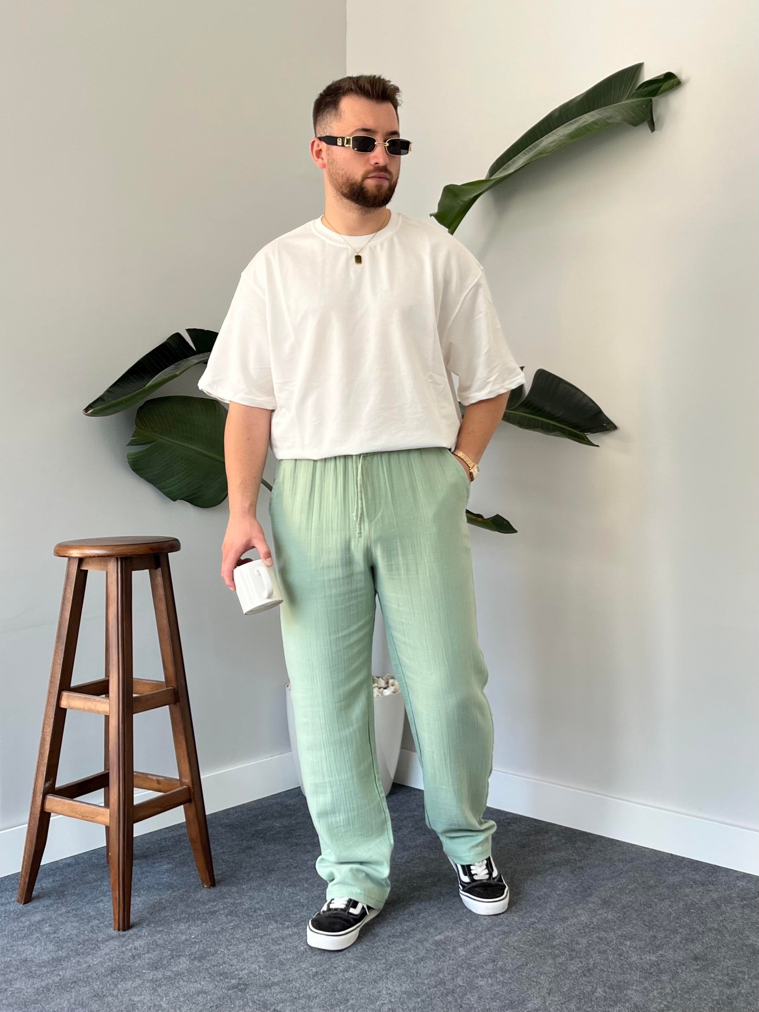 Yeşil Baggy Keten Pantolon