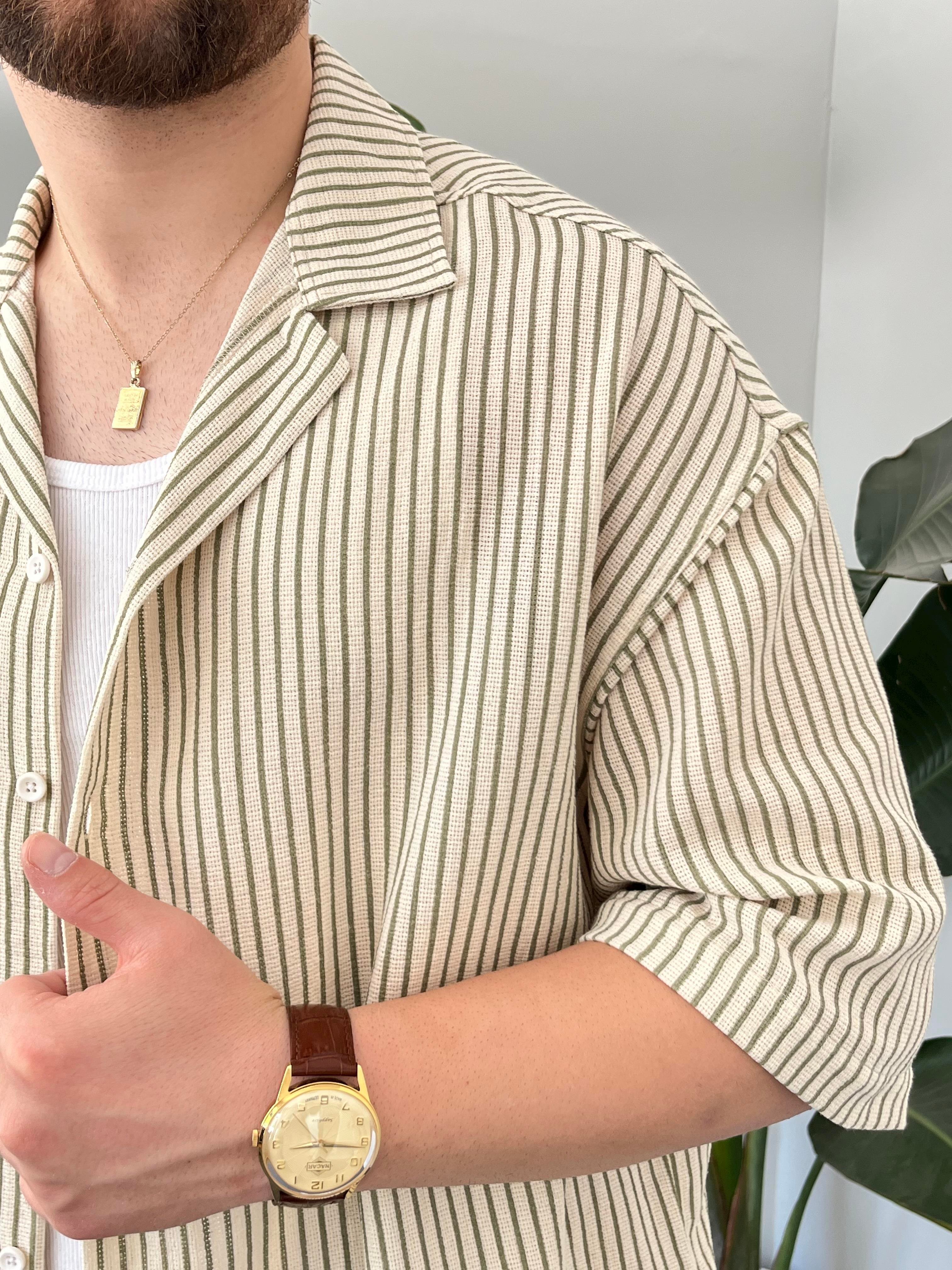 Yeşil Çizgili Etamin Keten Oversize Gömlek