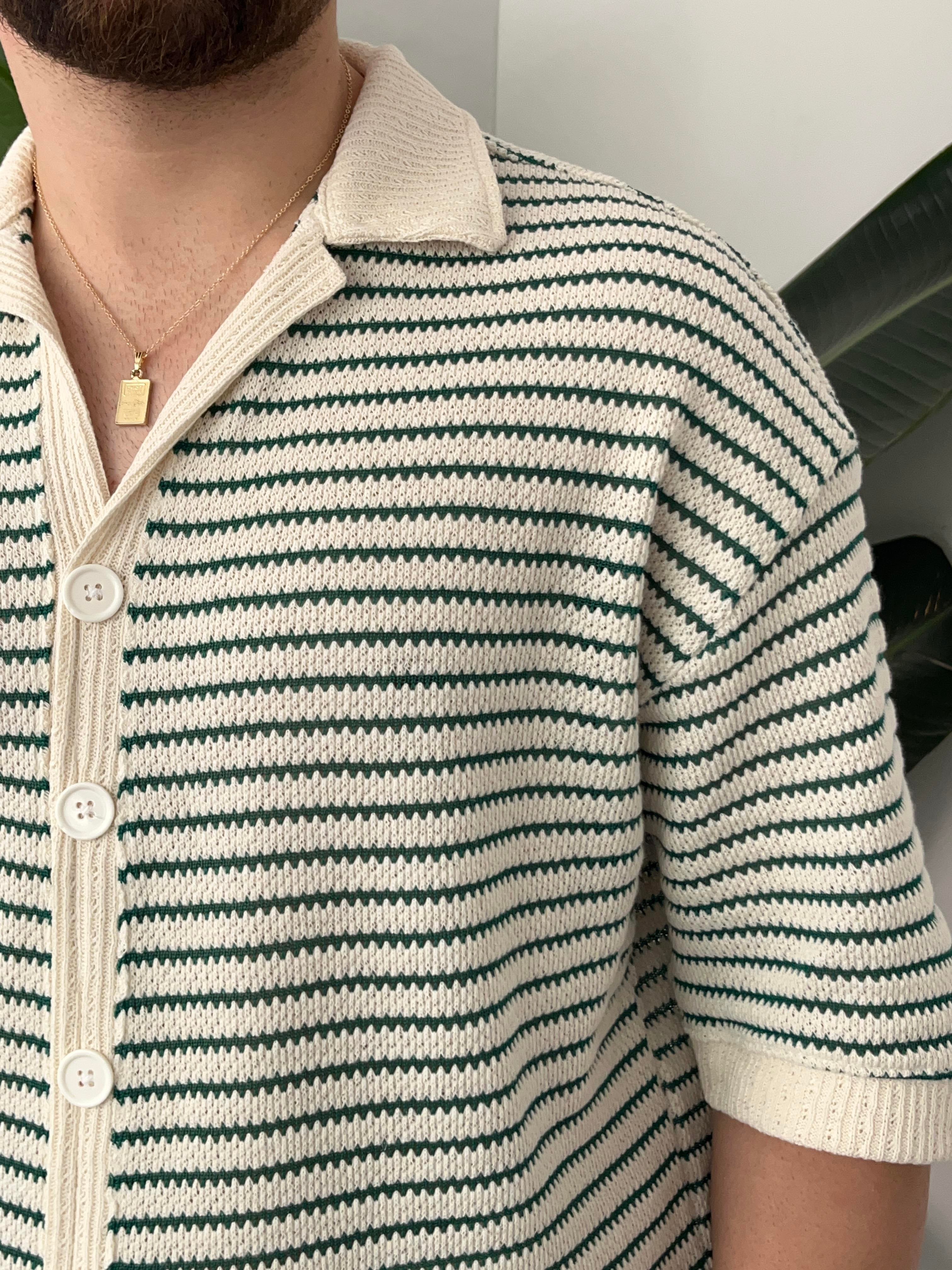 Yeşil Çizgili Gömlek Görünümlü Oversize T-shirt