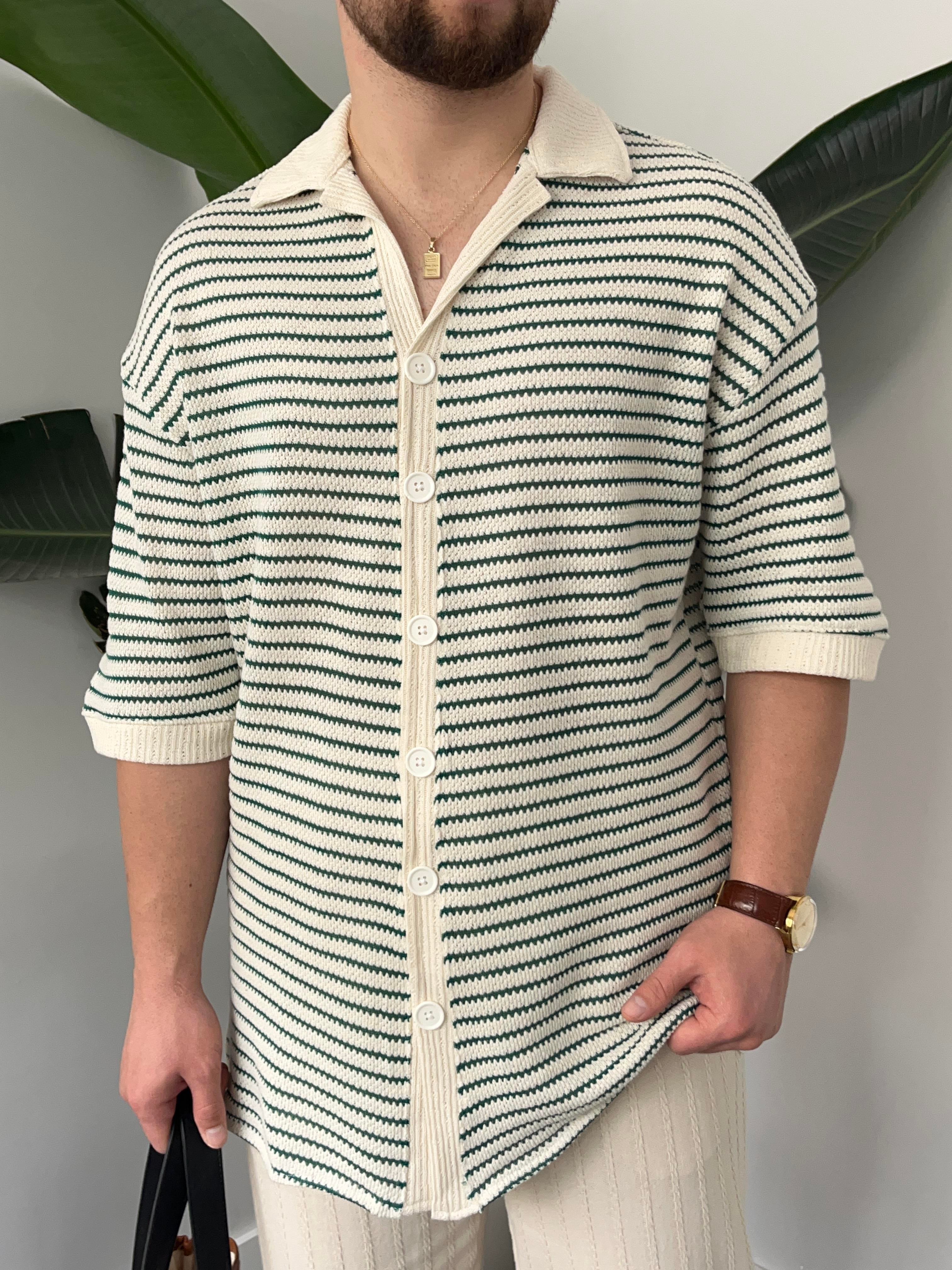 Yeşil Çizgili Gömlek Görünümlü Oversize T-shirt