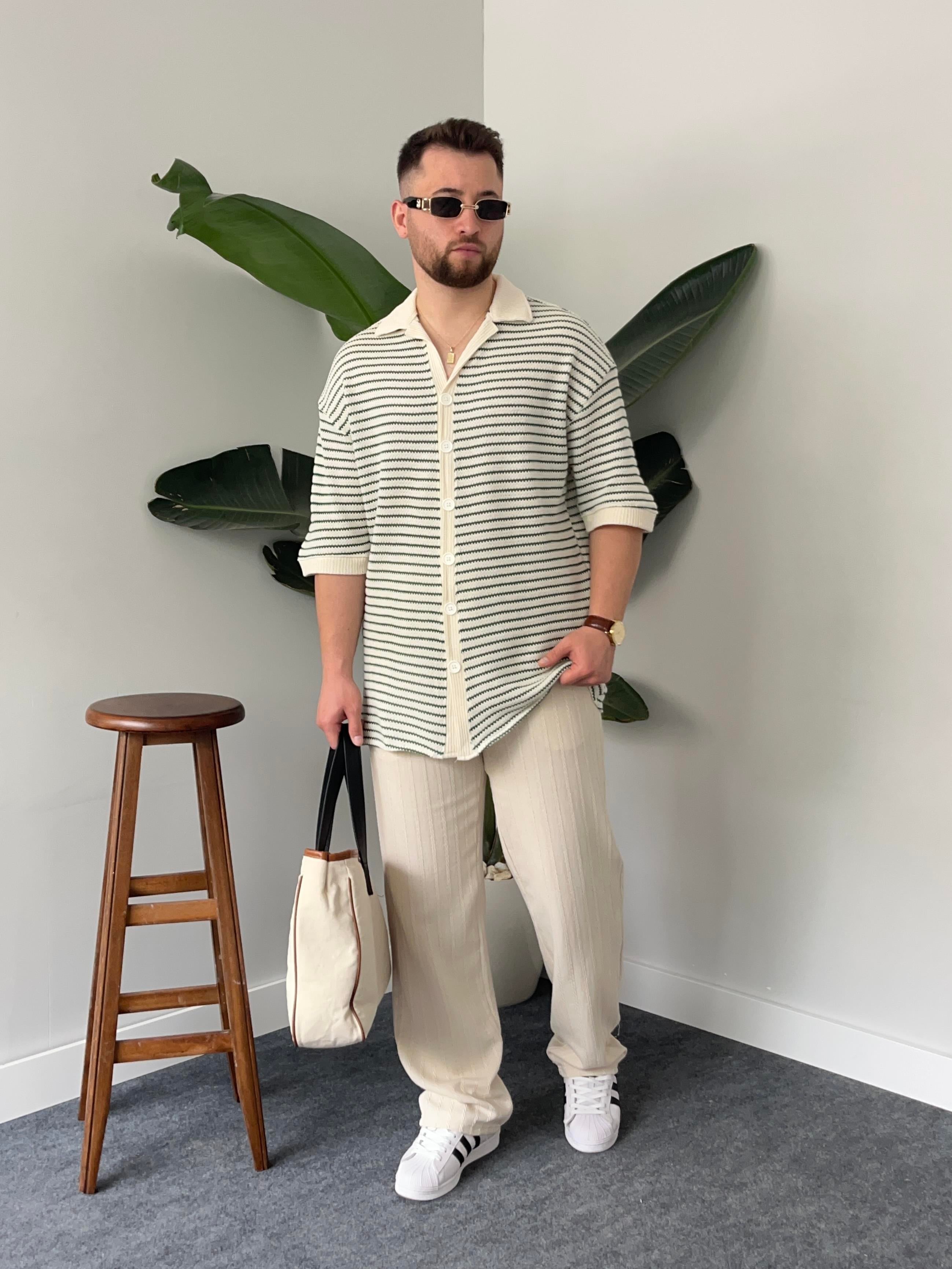 Yeşil Çizgili Gömlek Görünümlü Oversize T-shirt
