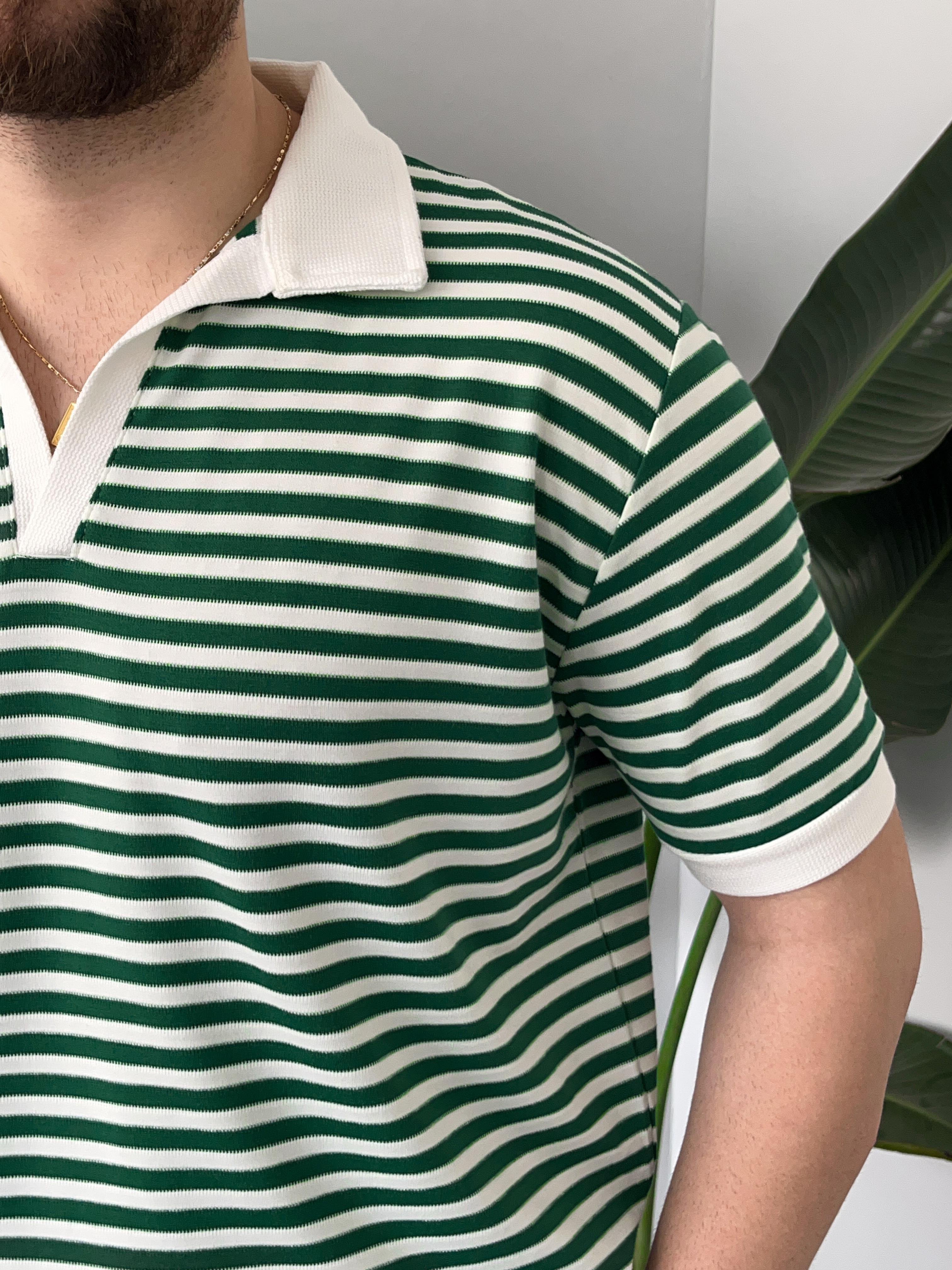 Yeşil Çizgili Polo Yaka Triko T-shirt