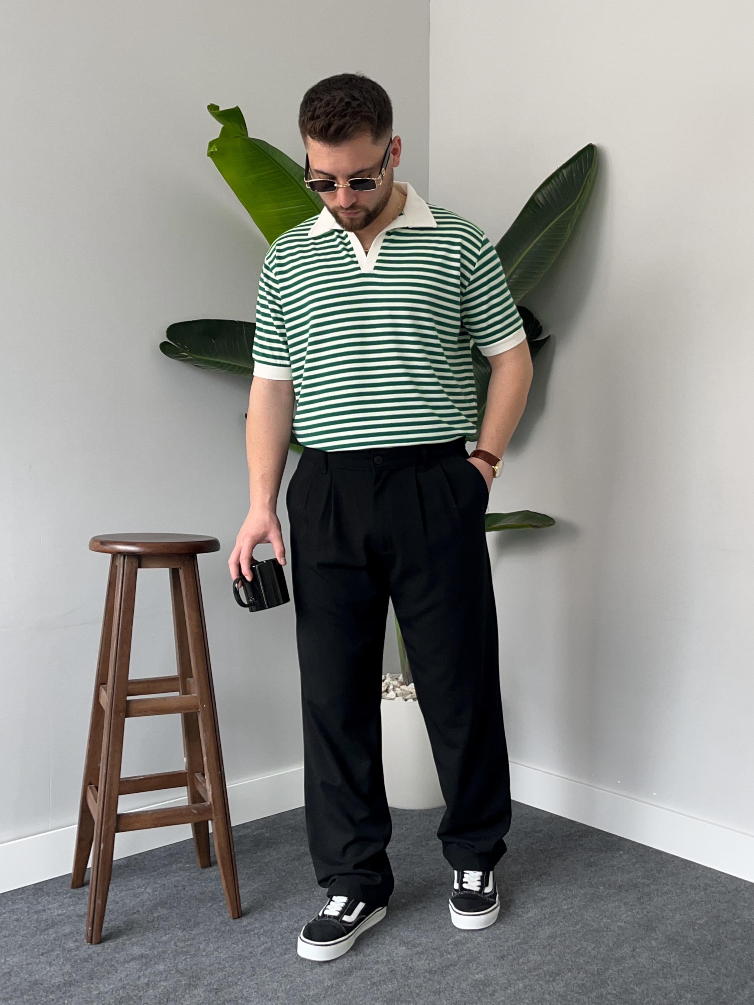 Yeşil Çizgili Polo Yaka Triko T-shirt