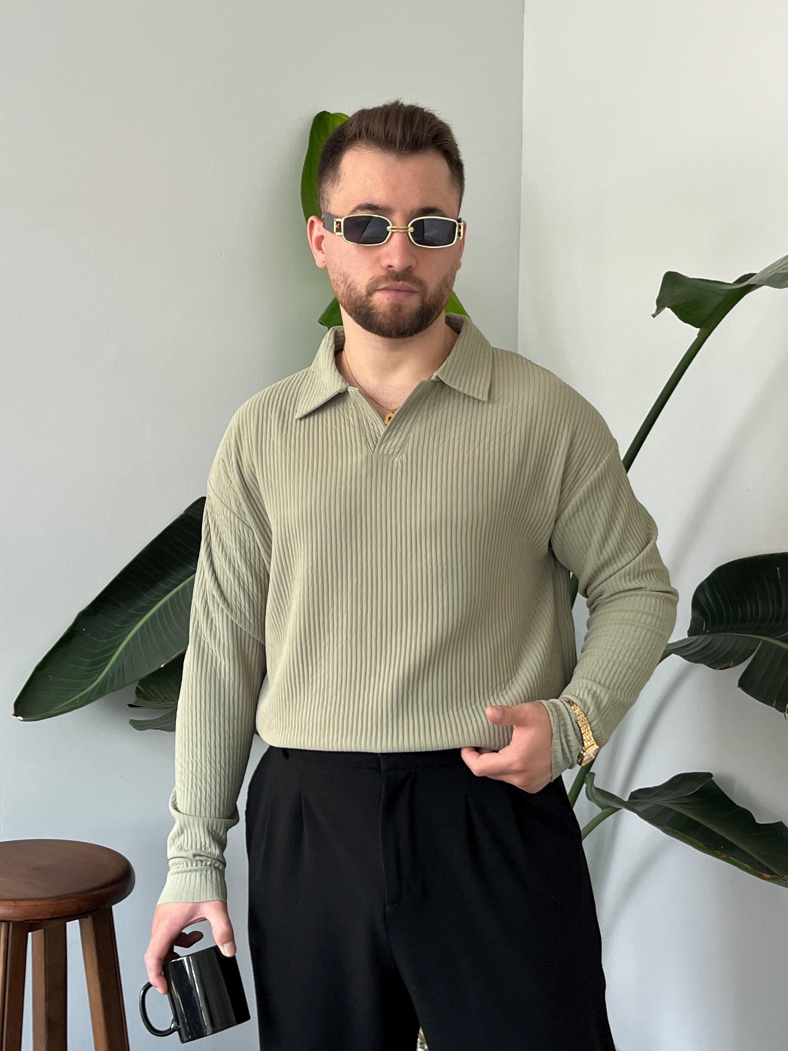 Yeşil Fitilli Polo Yaka Triko Sweat