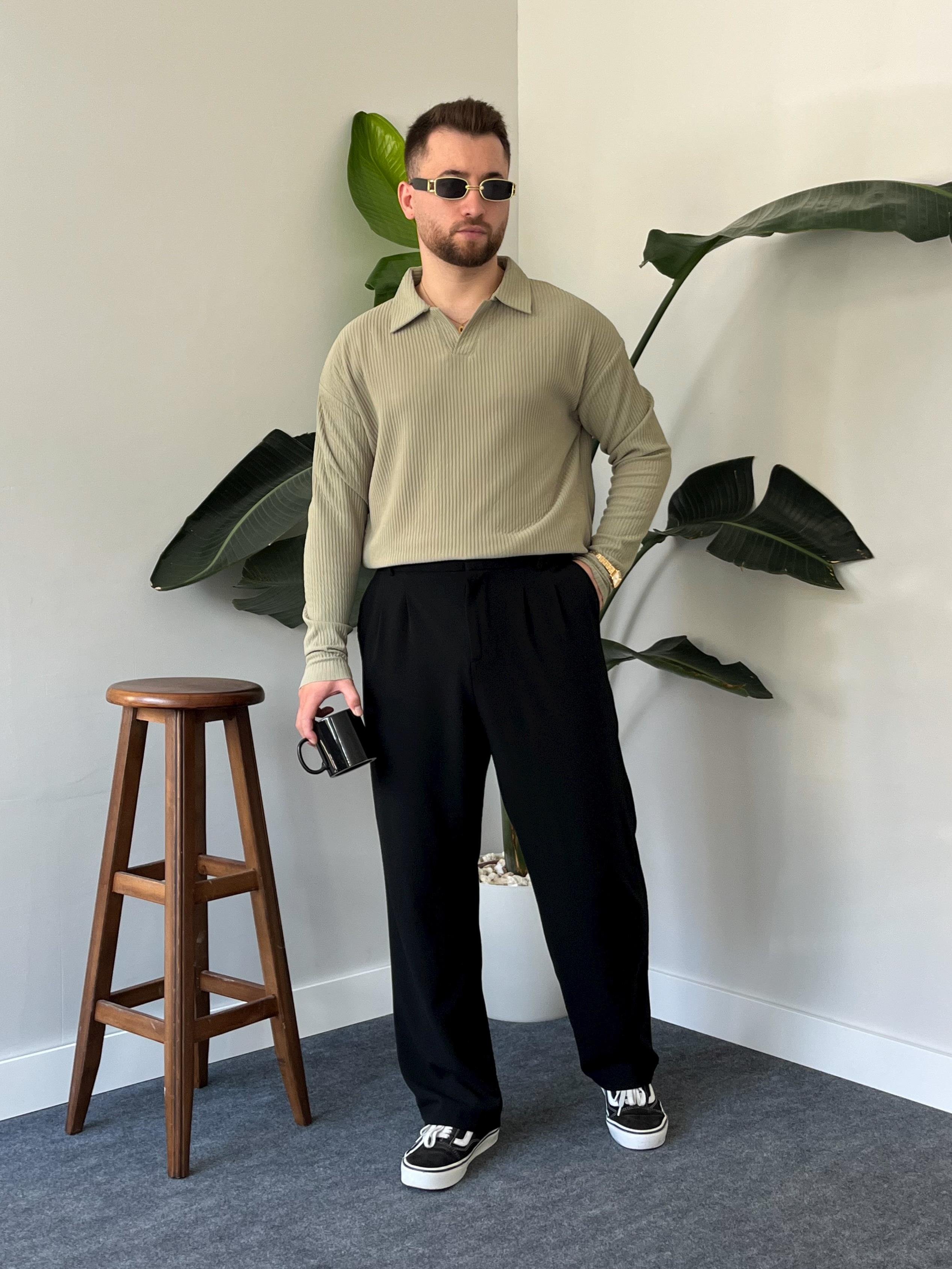 Yeşil Fitilli Polo Yaka Triko Sweat