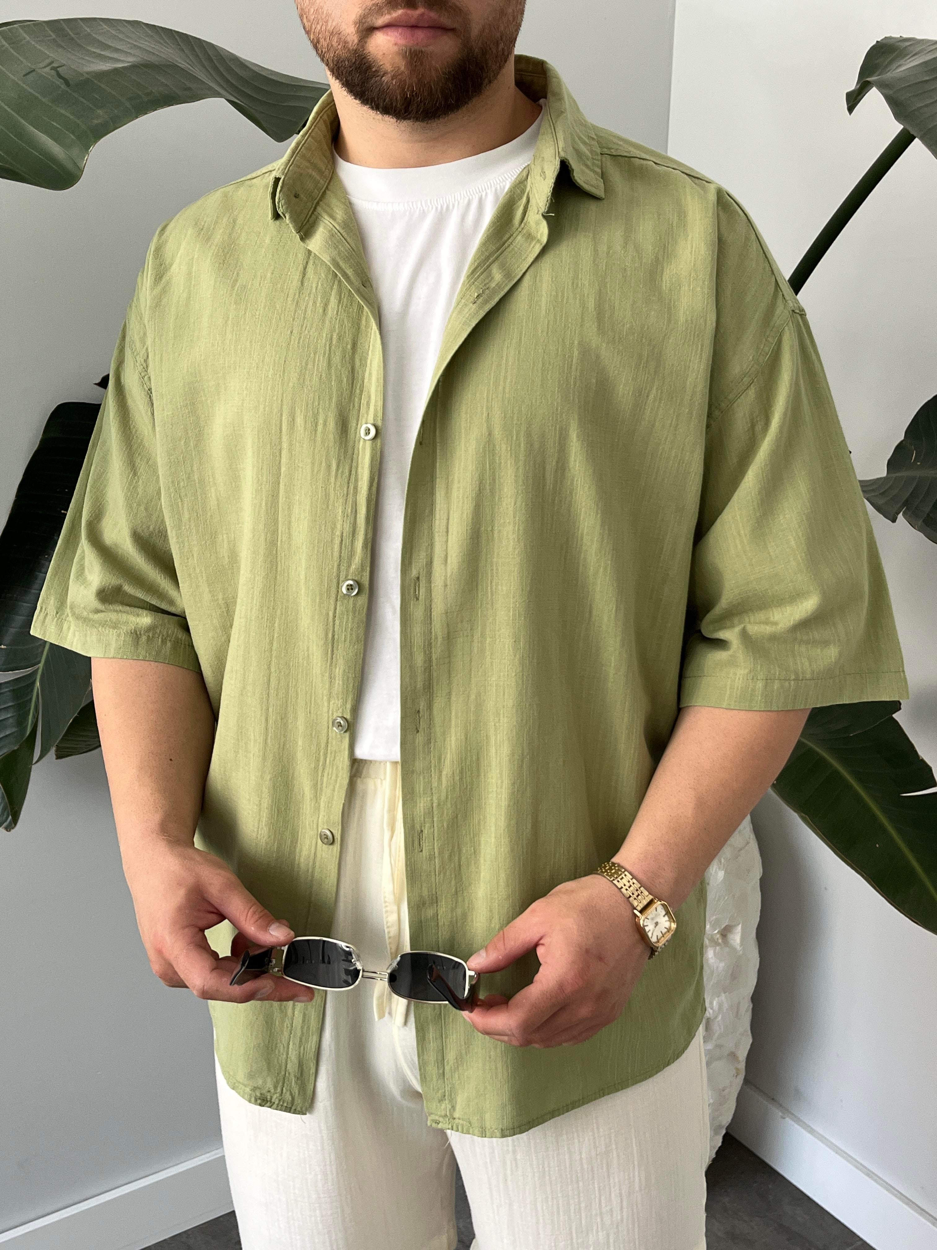 Yeşil Fresh Keten Oversize Gömlek