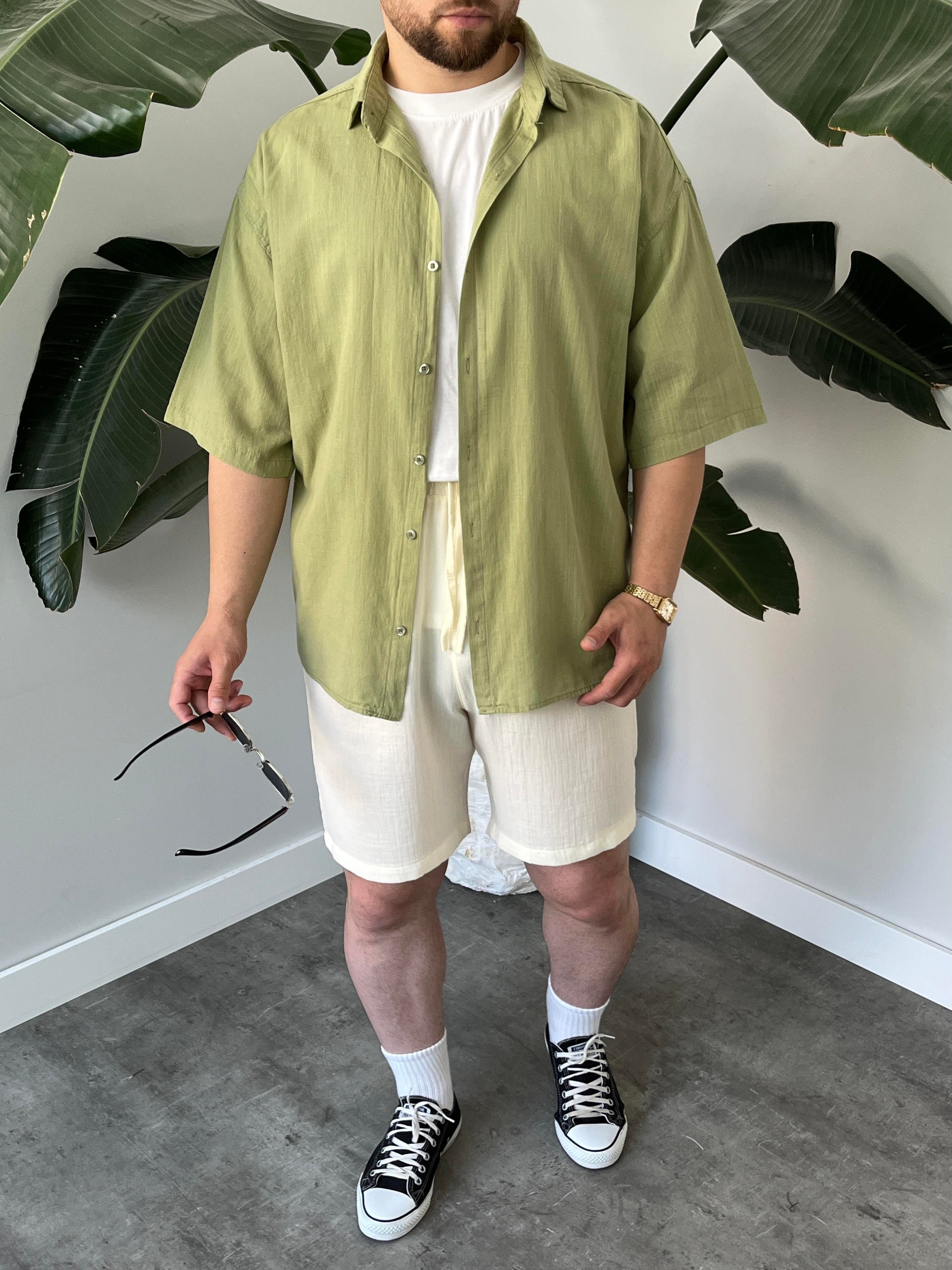 Yeşil Fresh Keten Oversize Gömlek