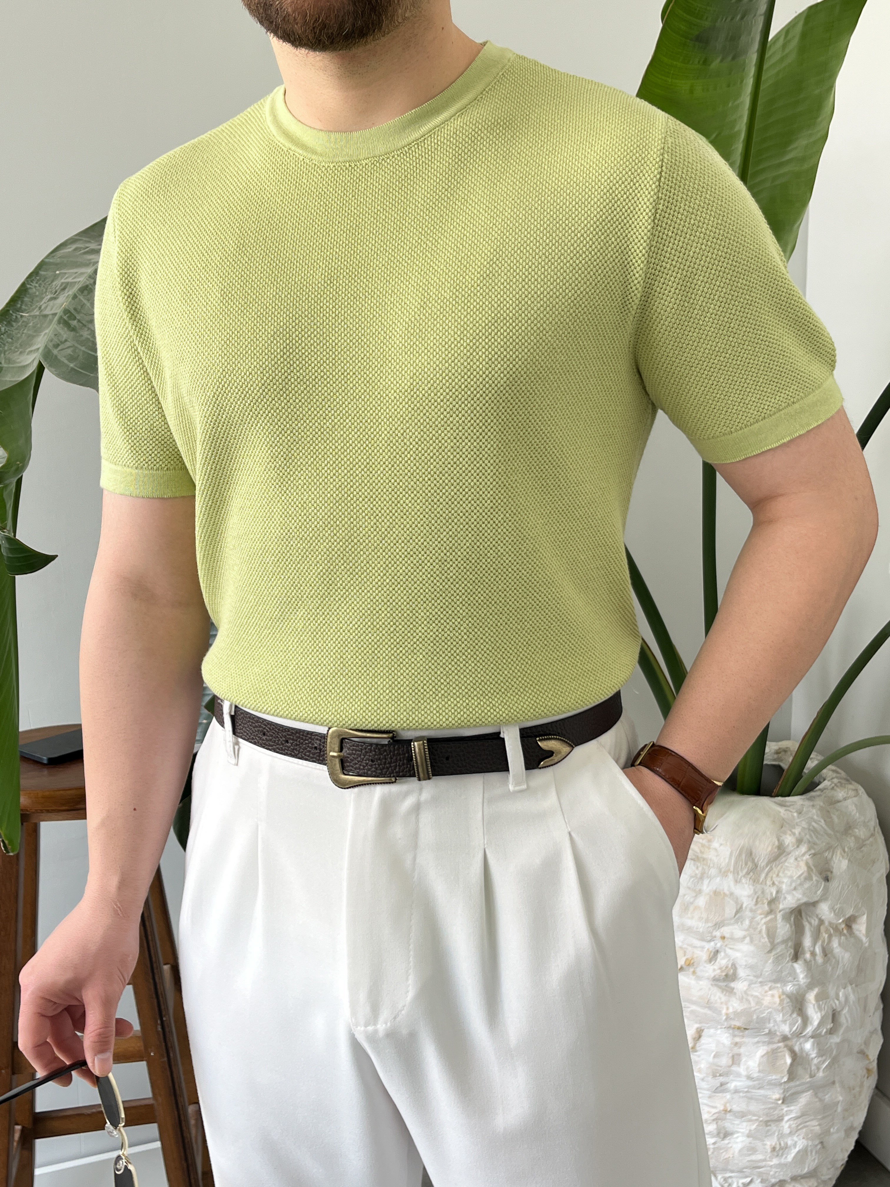 Yeşil Pirinç Örgü Triko T-shirt