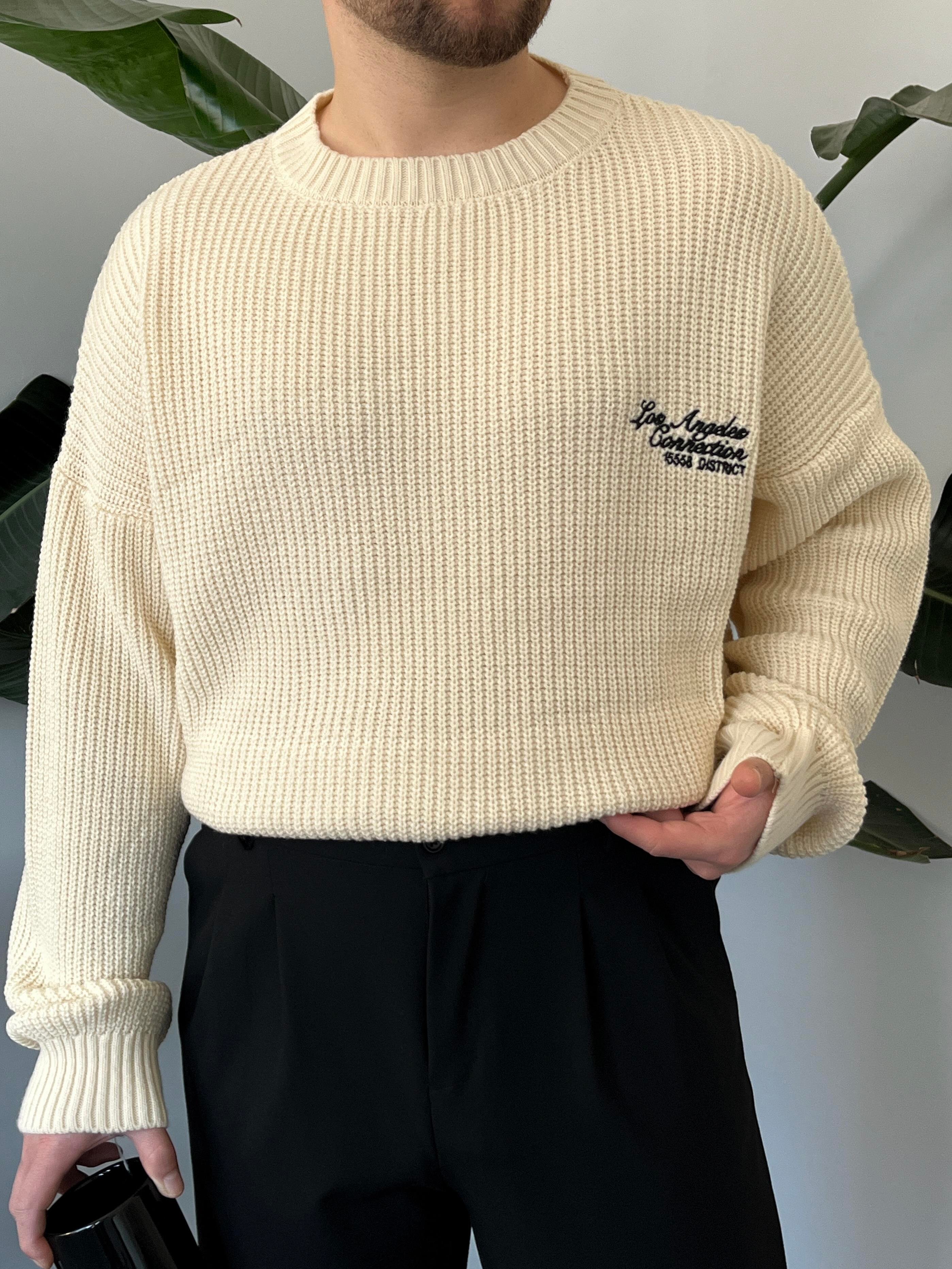 Zenith Krem LA Nakışlı Oversize Örgü Kazak