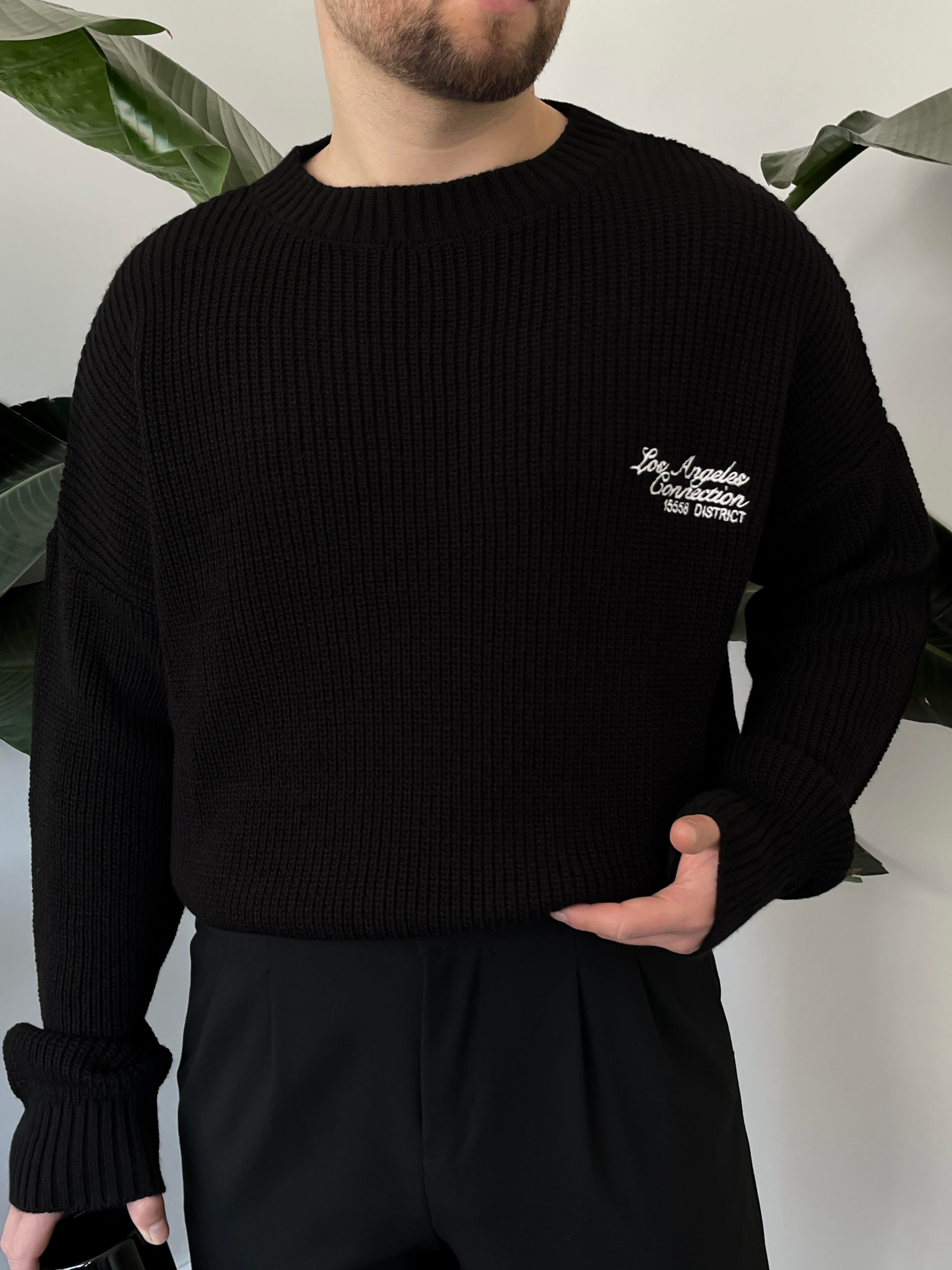 Zenith Siyah LA Nakışlı Oversize Örgü Kazak