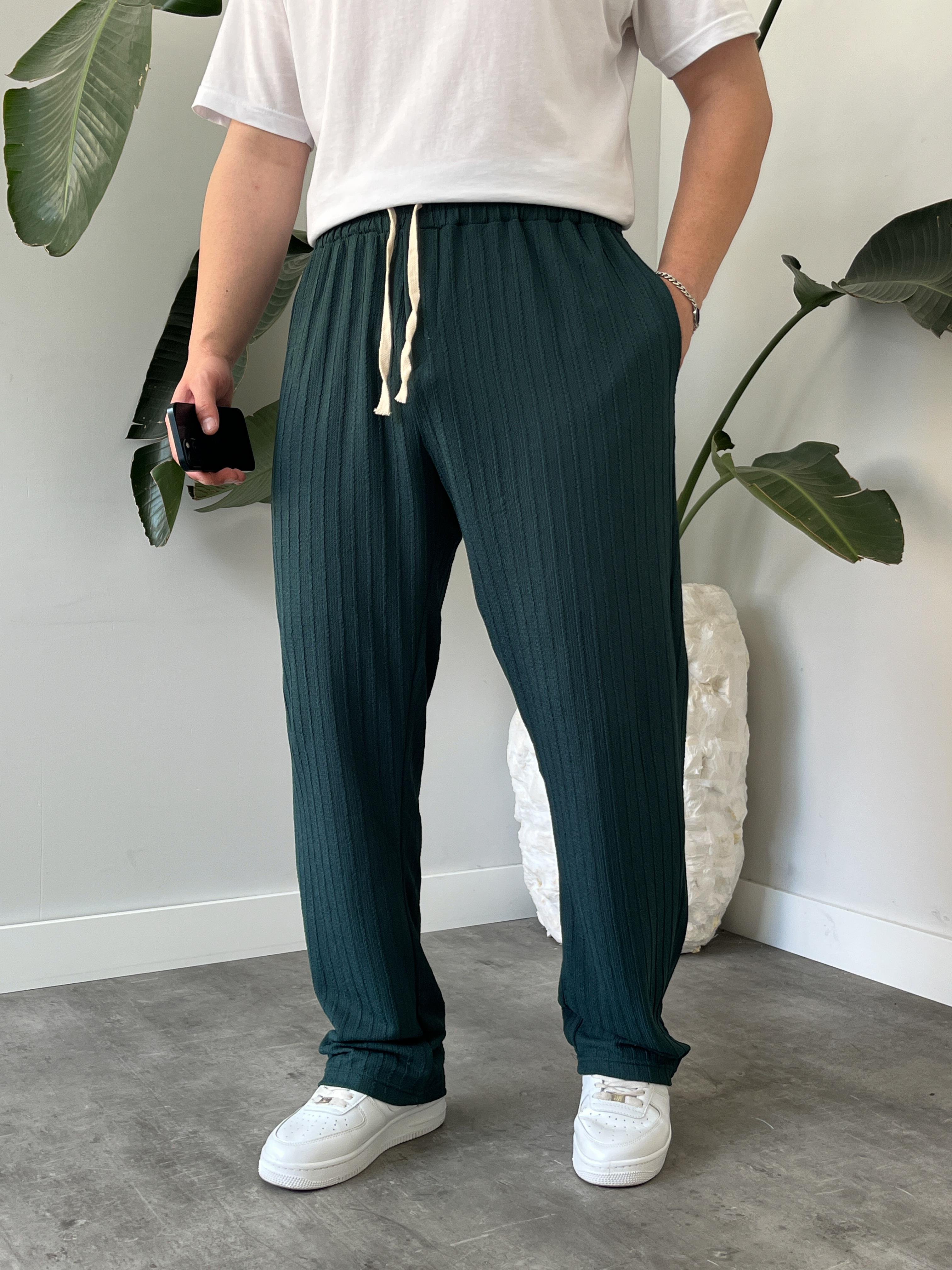Zümrüt Çizgi Desenli Bağcık Detaylı Baggy Pantolon
