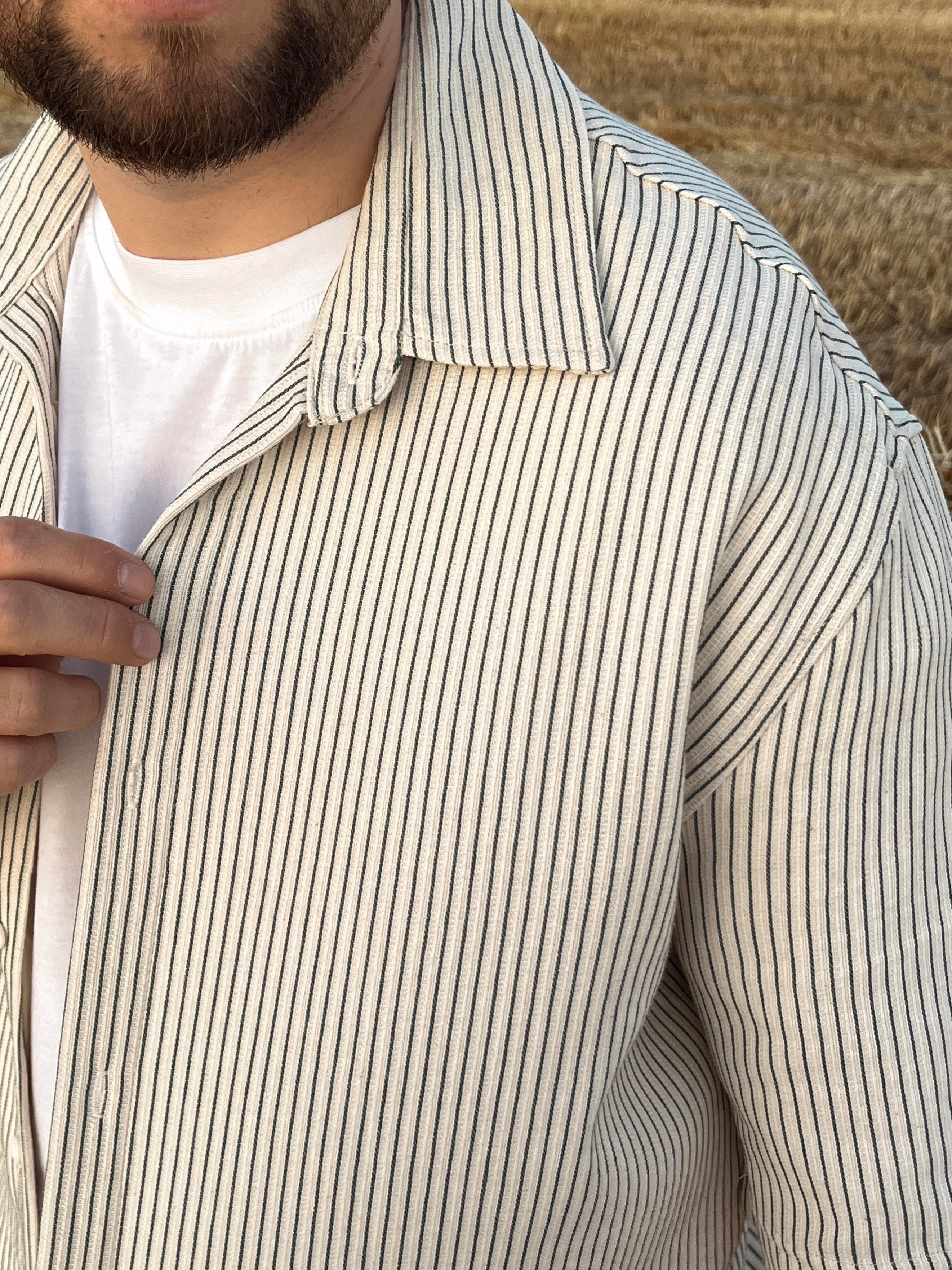 Zümrüt Çizgili Keten Oversize Gömlek-Şort Takım