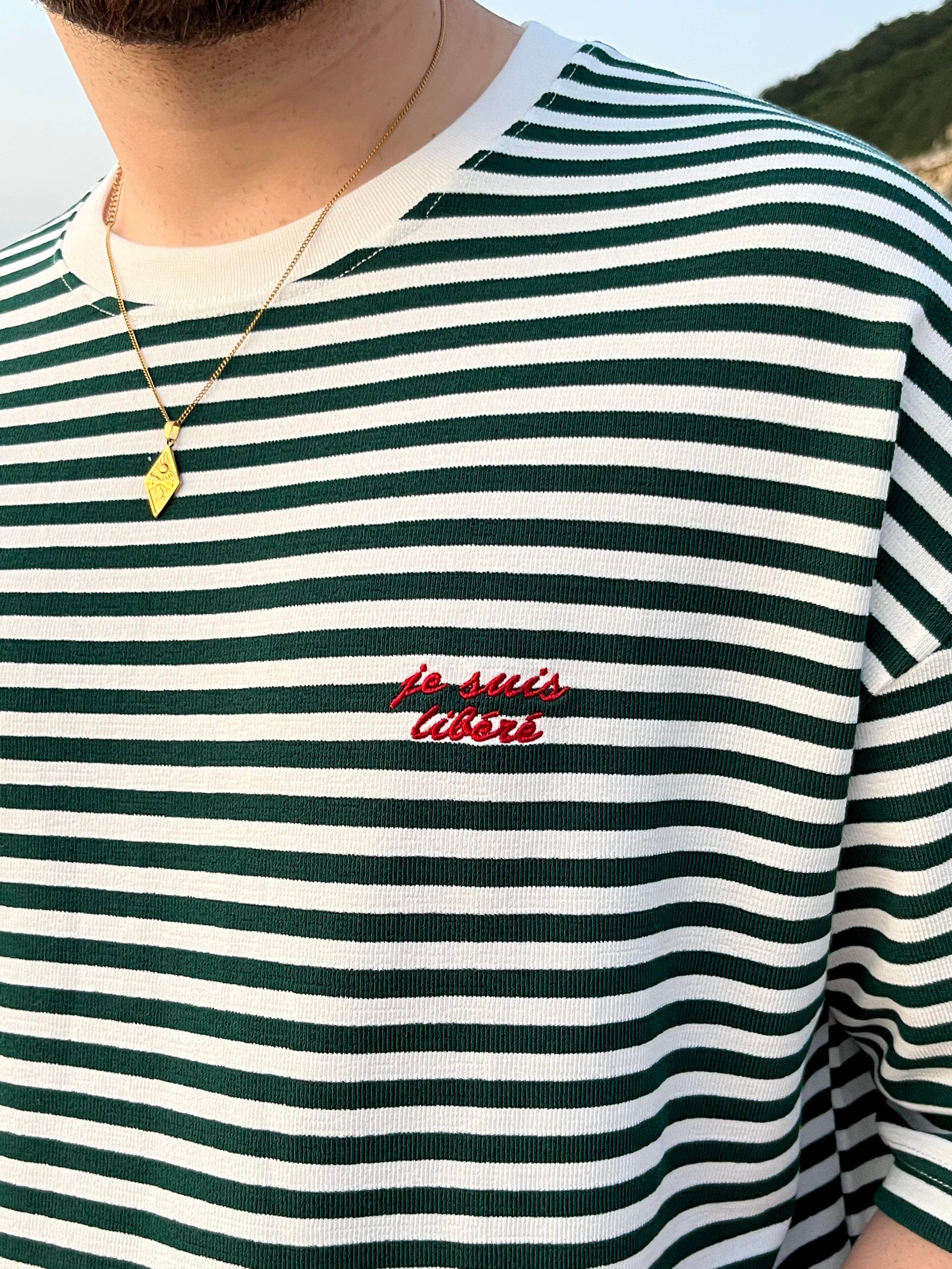 Zümrüt Çizgili Nakış Detaylı Oversize T-shirt