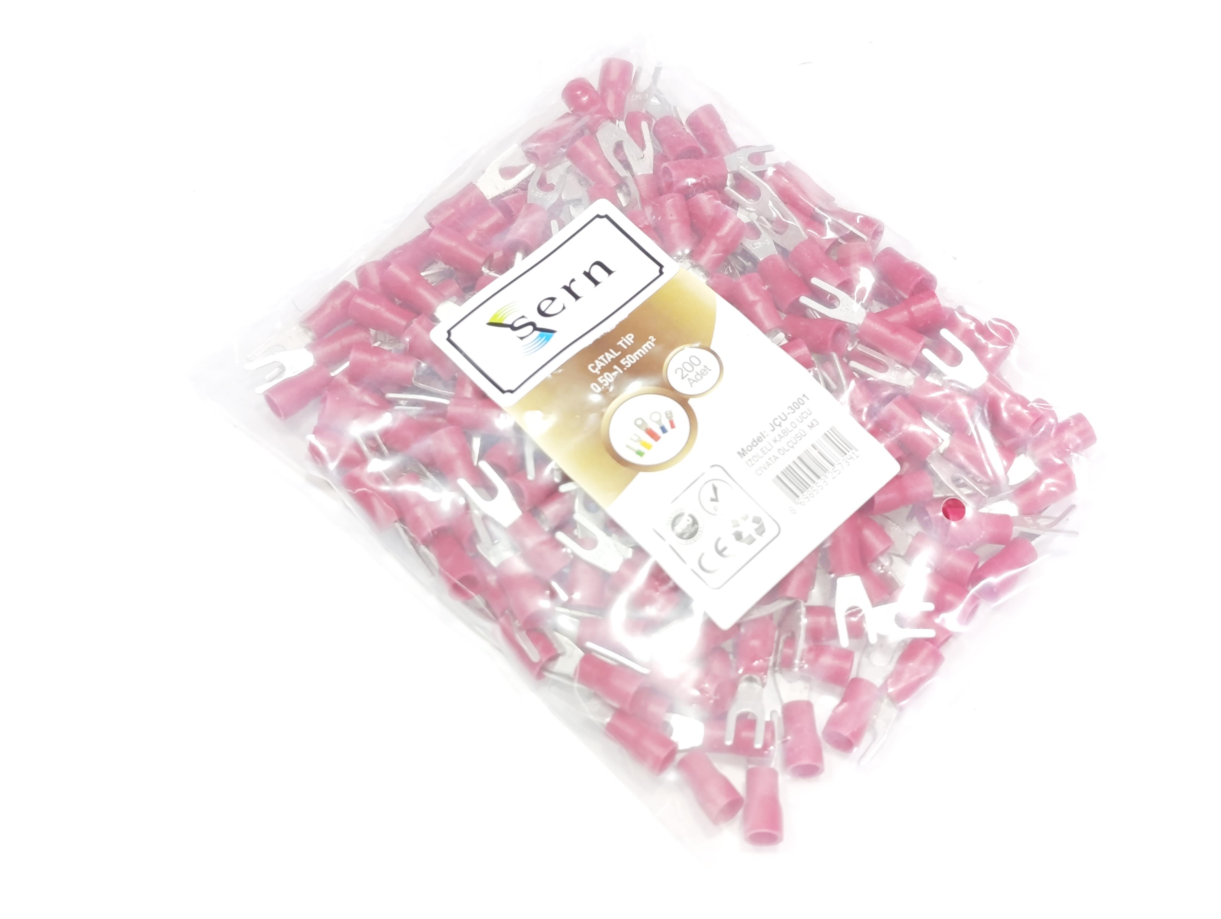  08.Insulated Cable EndsM3 (0.50 x 1.50 mm²) Fork Type Insulated Cable End Terminals Red Colour – 1 Pack – 200 PiecesM3 (0.50 x 1.50 mm²) Fork Type Insulated Cable End Terminals Red Colour – 1 Pack – 200 Pieces