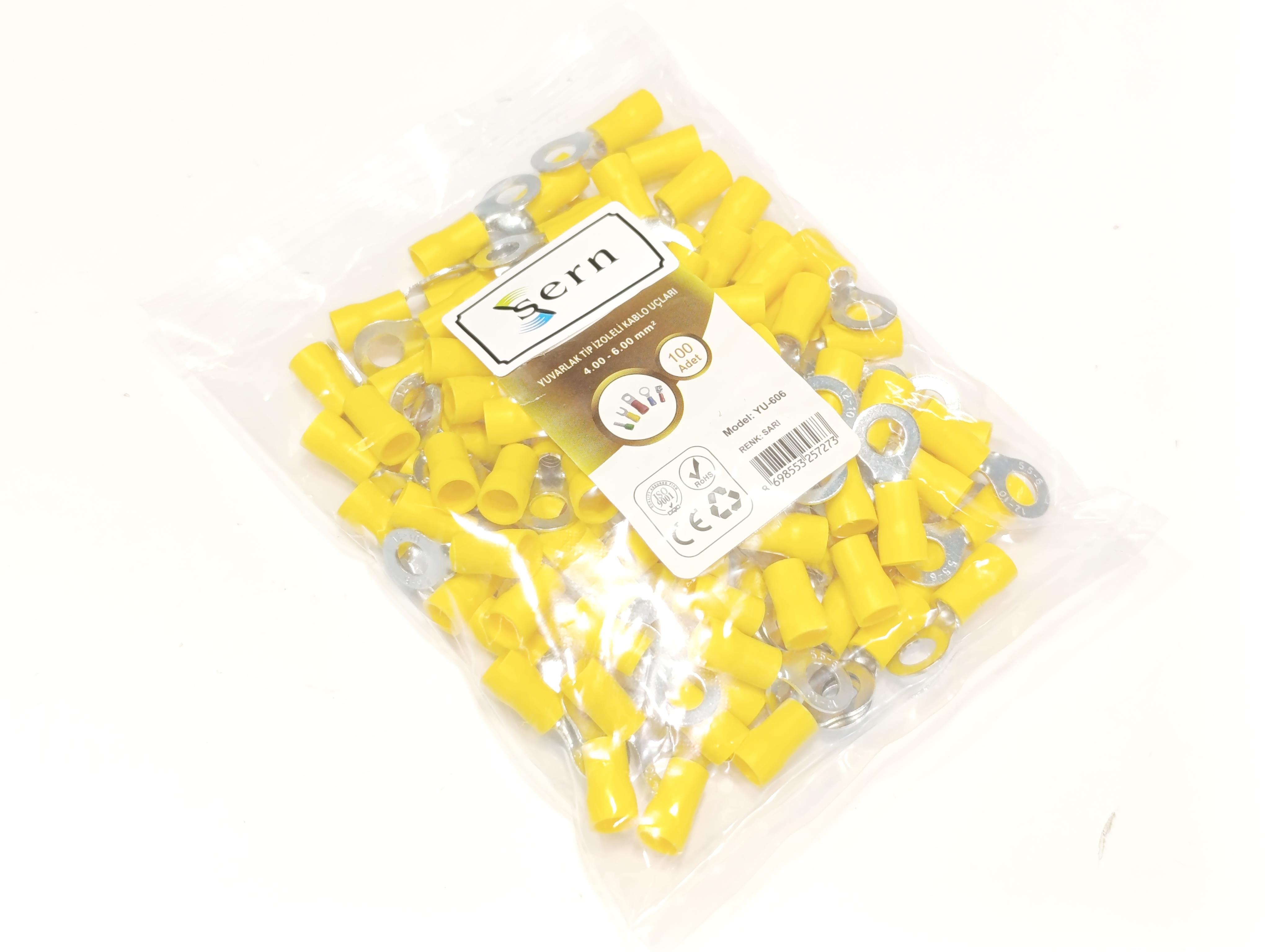  08.Insulated Cable EndsM6 (4 x 6 mm²) Round Type Insulated Cable End Terminals Yellow Colour – 1 Pack – 100 PiecesM6 (4 x 6 mm²) Round Type Insulated Cable End Terminals Yellow Colour – 1 Pack – 100 Pieces